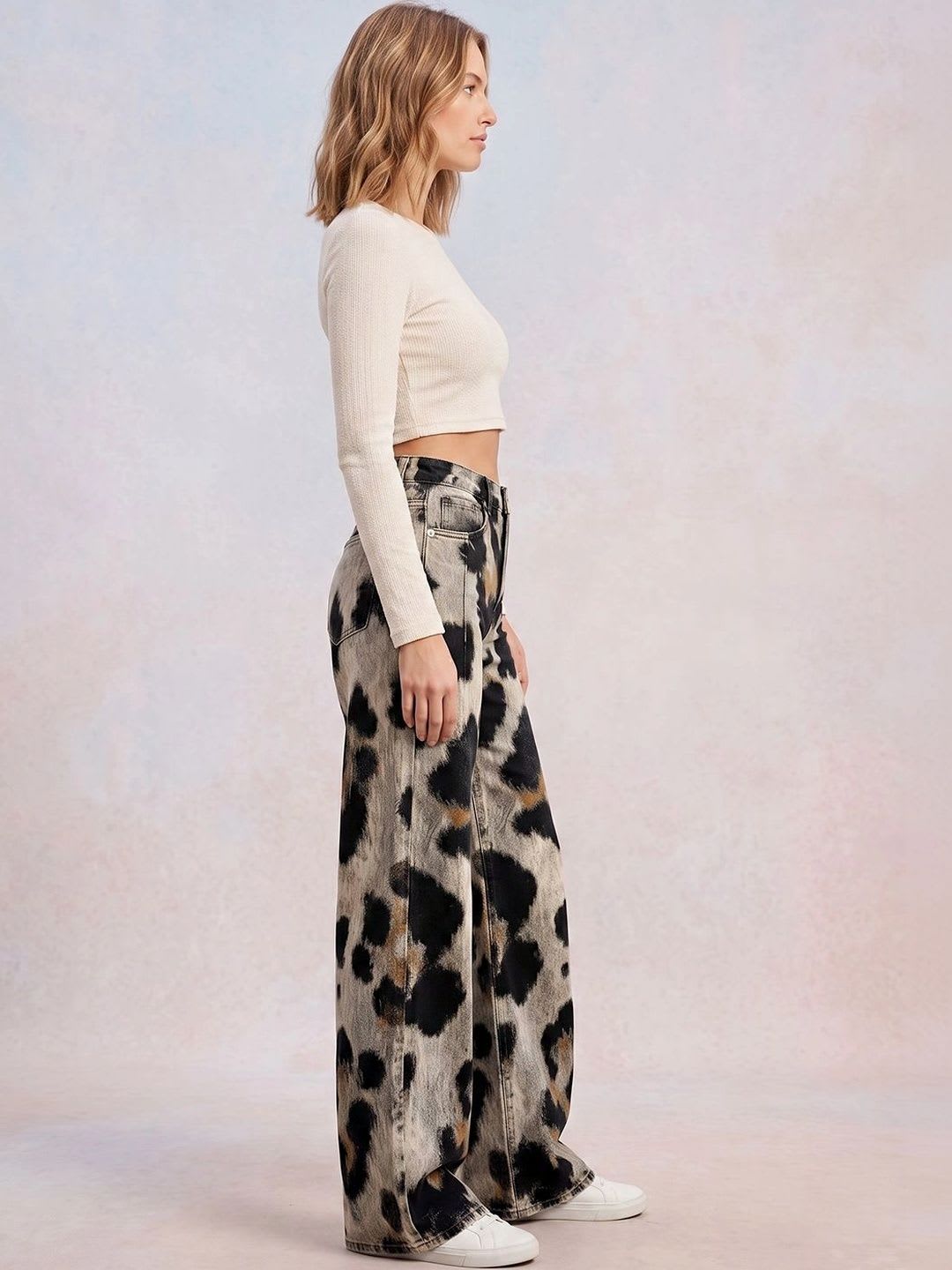 ATELIER REBEL Women Wide Leg Mid-Rise Light Fade Printed Jeans - back view
