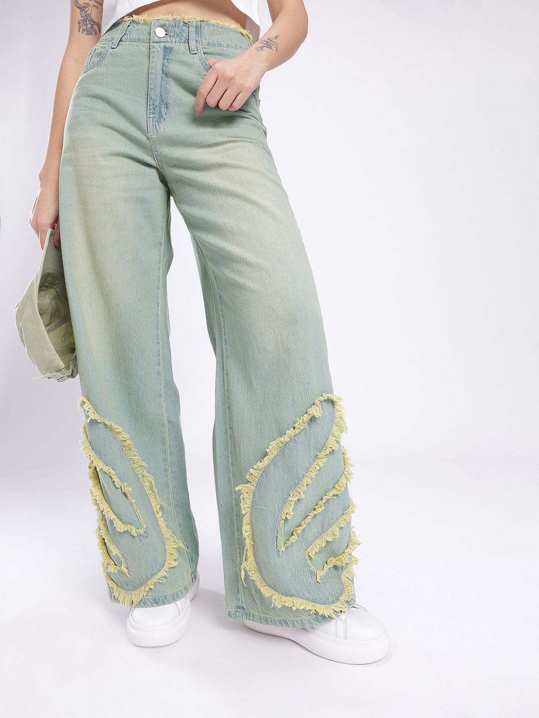glitchez Women Frayed Detail Wide Leg High-Rise Heavy Fade Jeans - default view