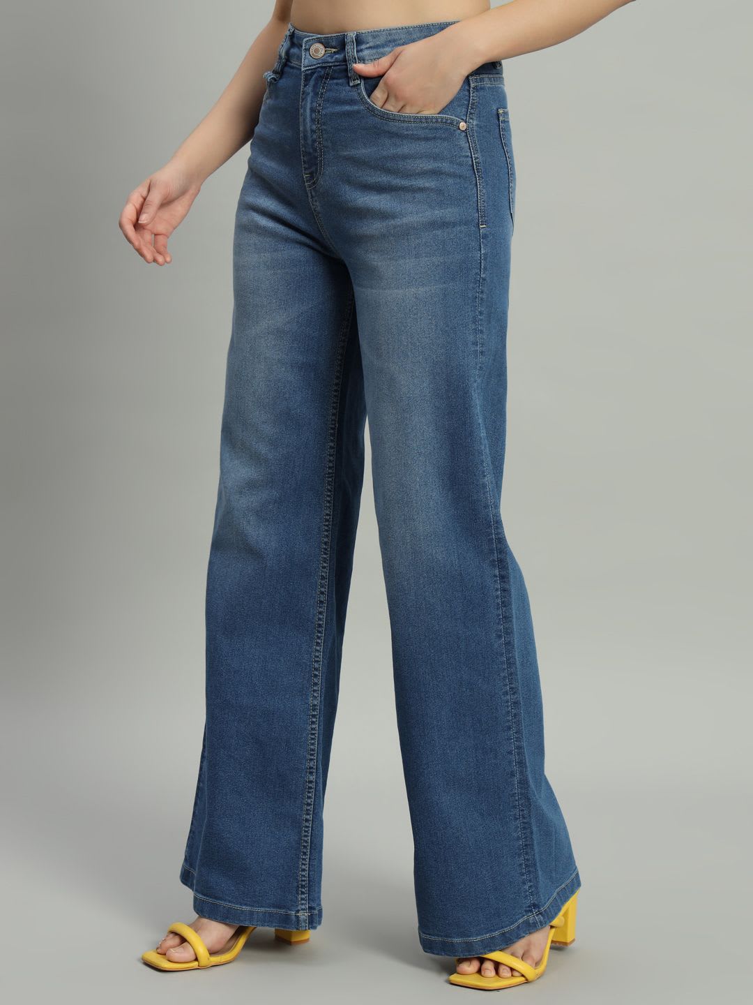 BAESD Women Wide Leg High-Rise Cotton Light Fade Stretchable Jeans - back view