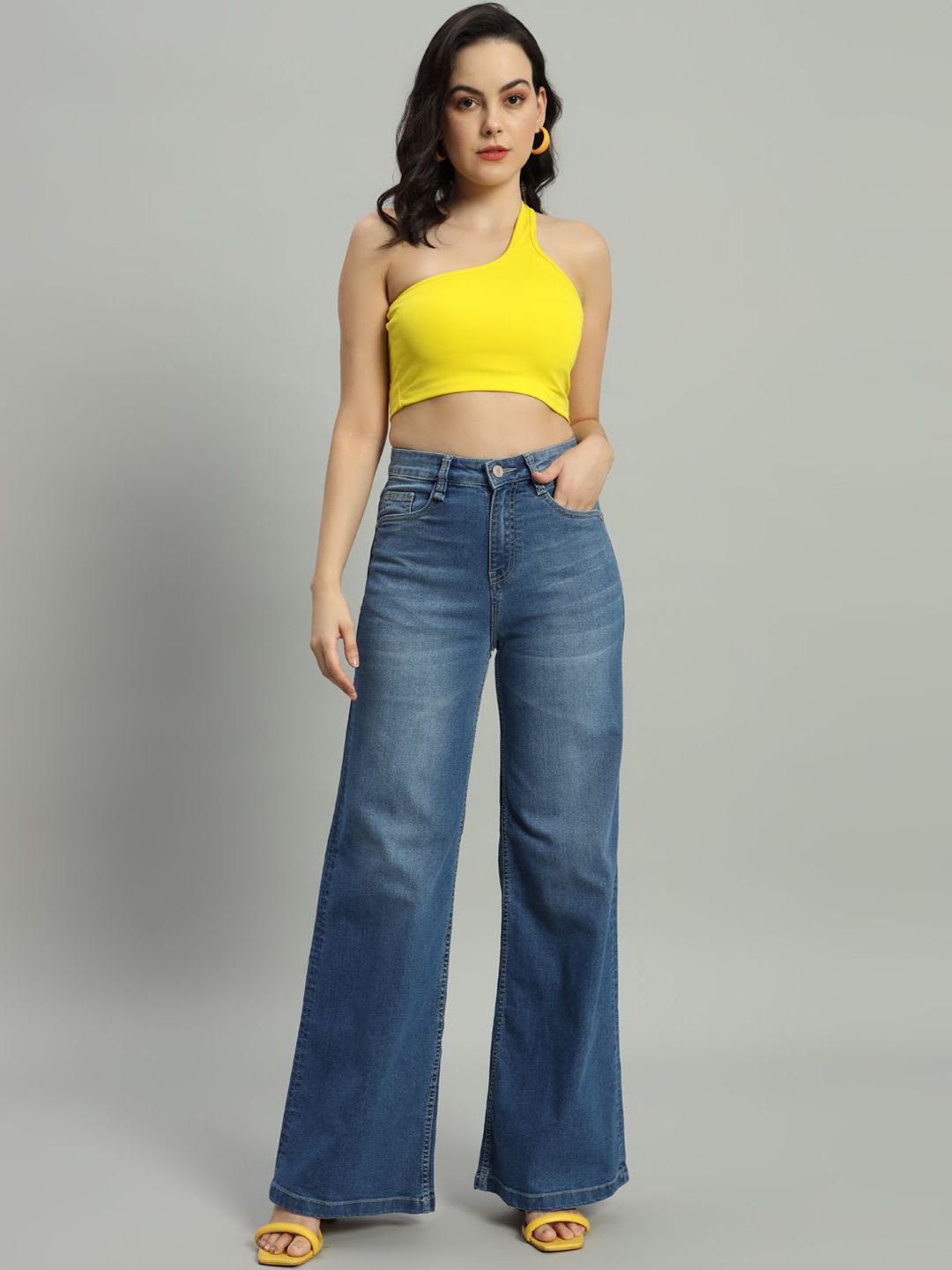 BAESD Women Wide Leg High-Rise Cotton Light Fade Stretchable Jeans - left view