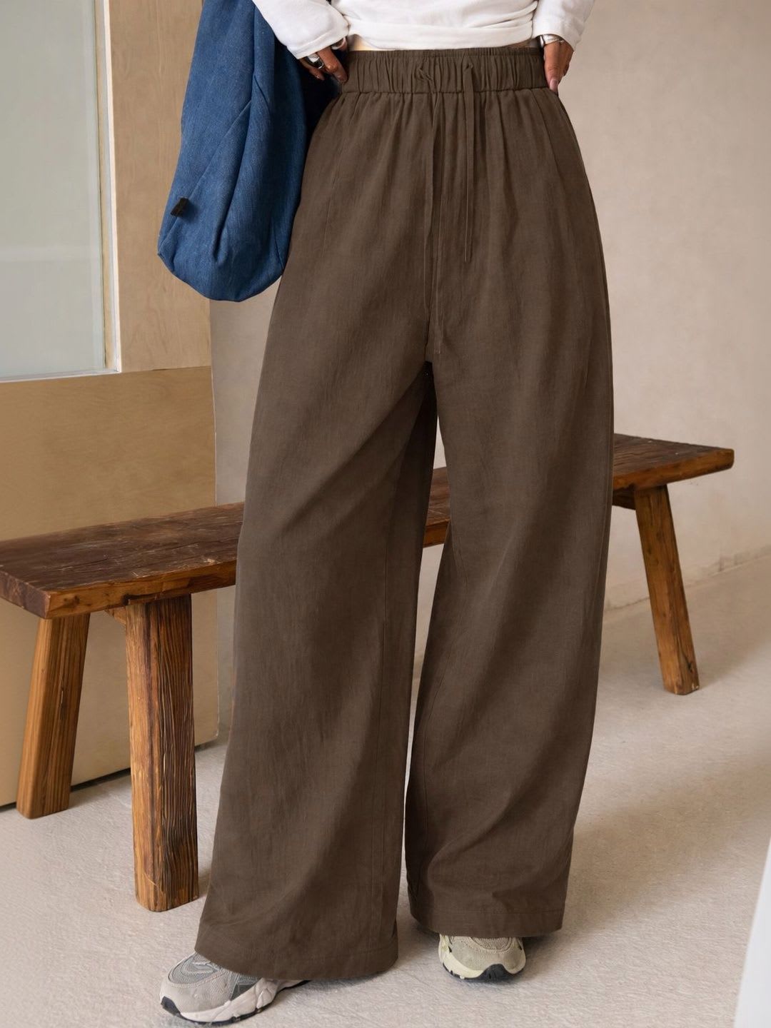 SAKHWALA Women Relaxed Straight Leg Loose Fit High-Rise Wrinkle Free Trousers - default view