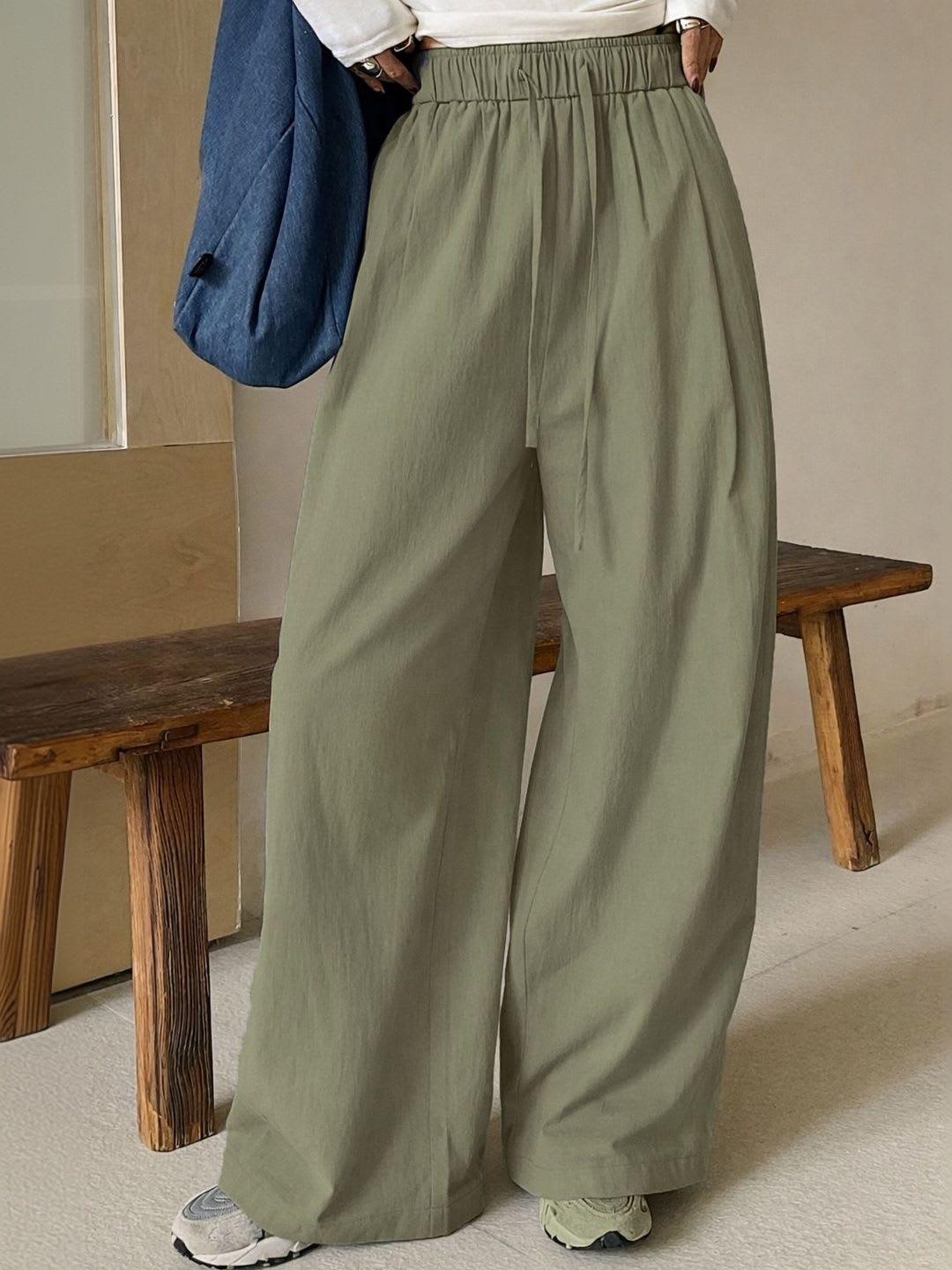 SAKHWALA Women Relaxed Straight Leg Loose Fit High-Rise Wrinkle Free Trousers - default view