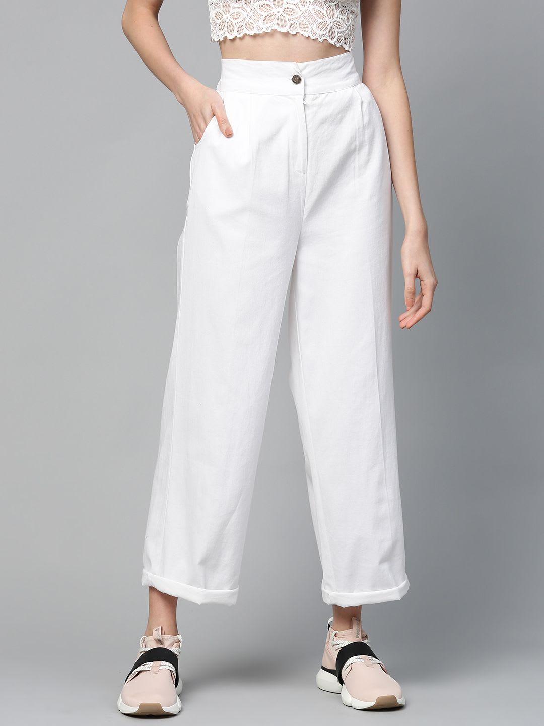 SASSAFRAS Women White Twill Parallel Trousers - default view