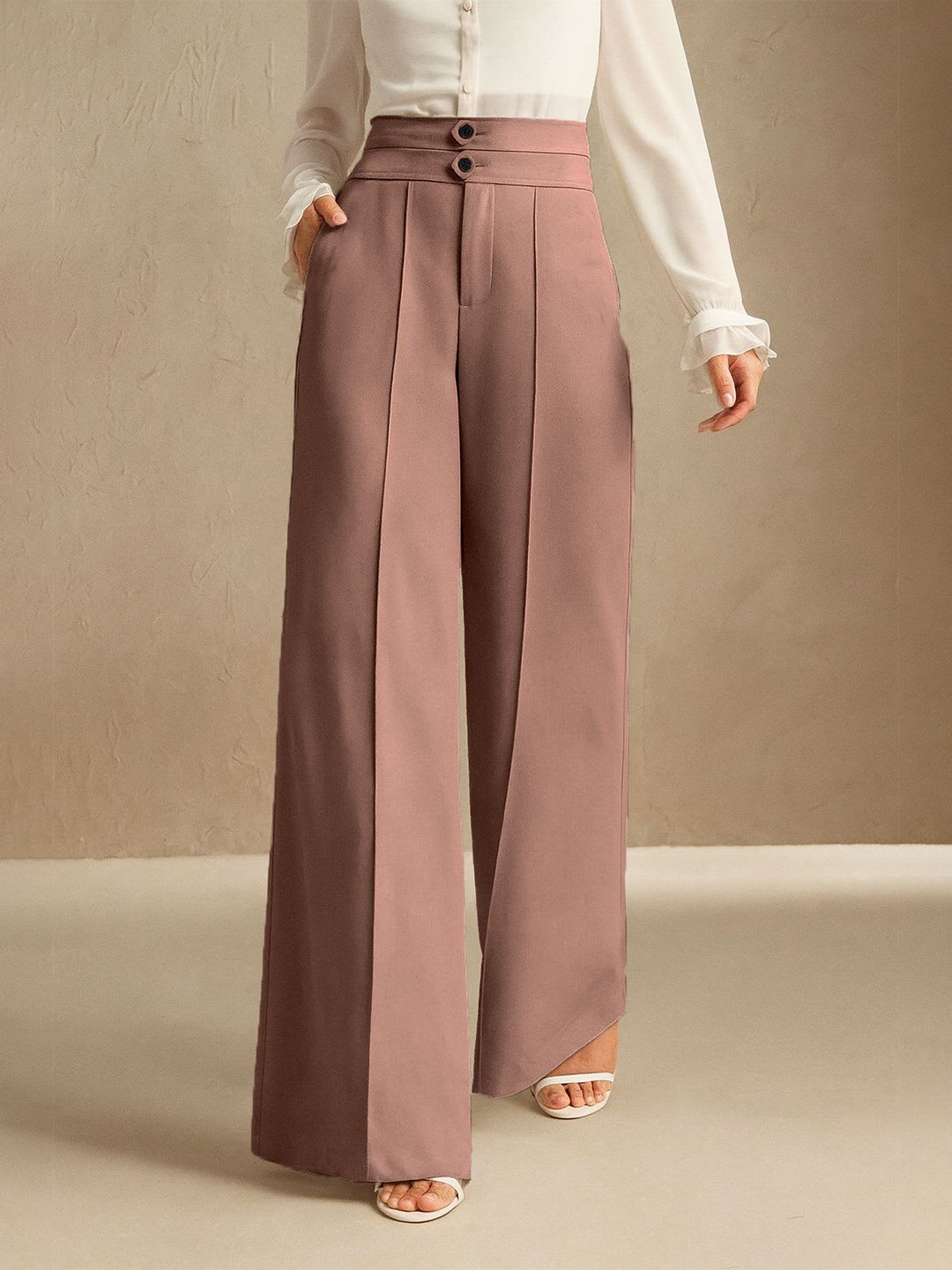SAKHWALA Women Relaxed Straight Leg Loose Fit High-Rise Wrinkle Free Pleated Trouser - default view