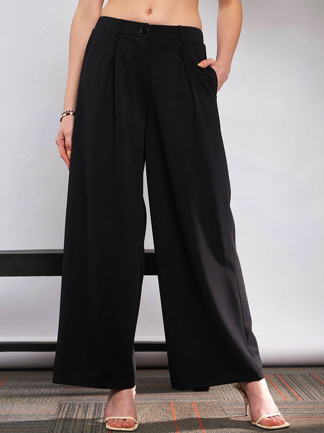 SASSAFRAS Women Black High-Rise Pleated Parallel Wide Leg Trousers - default view