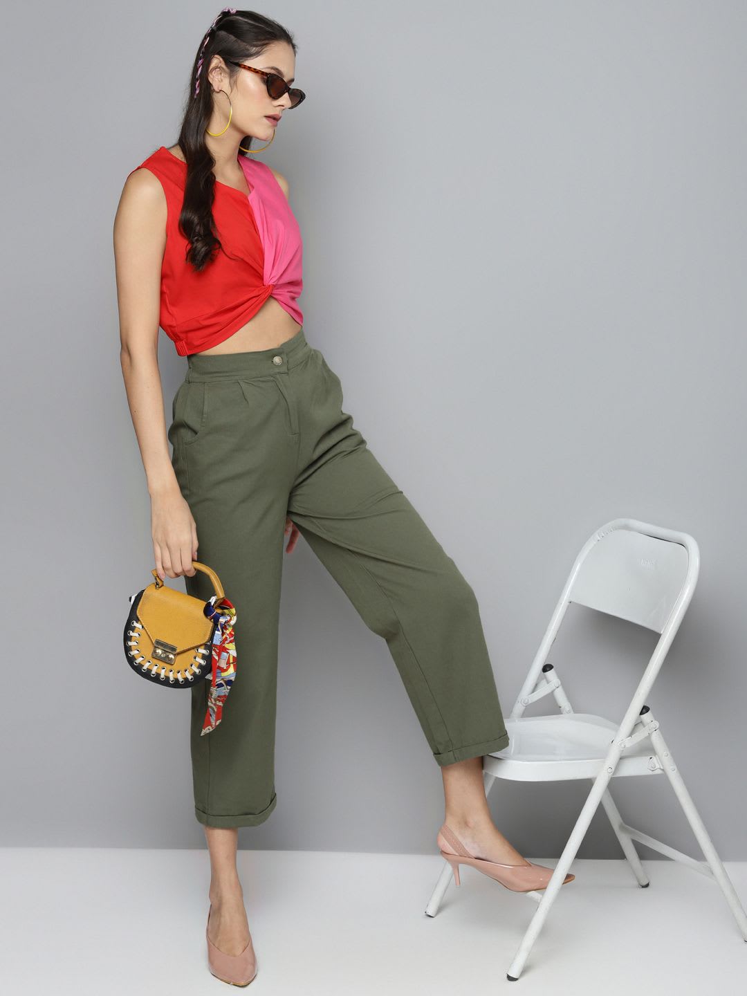 SASSAFRAS Women Olive Green Pure Cotton Straight Trousers - right view