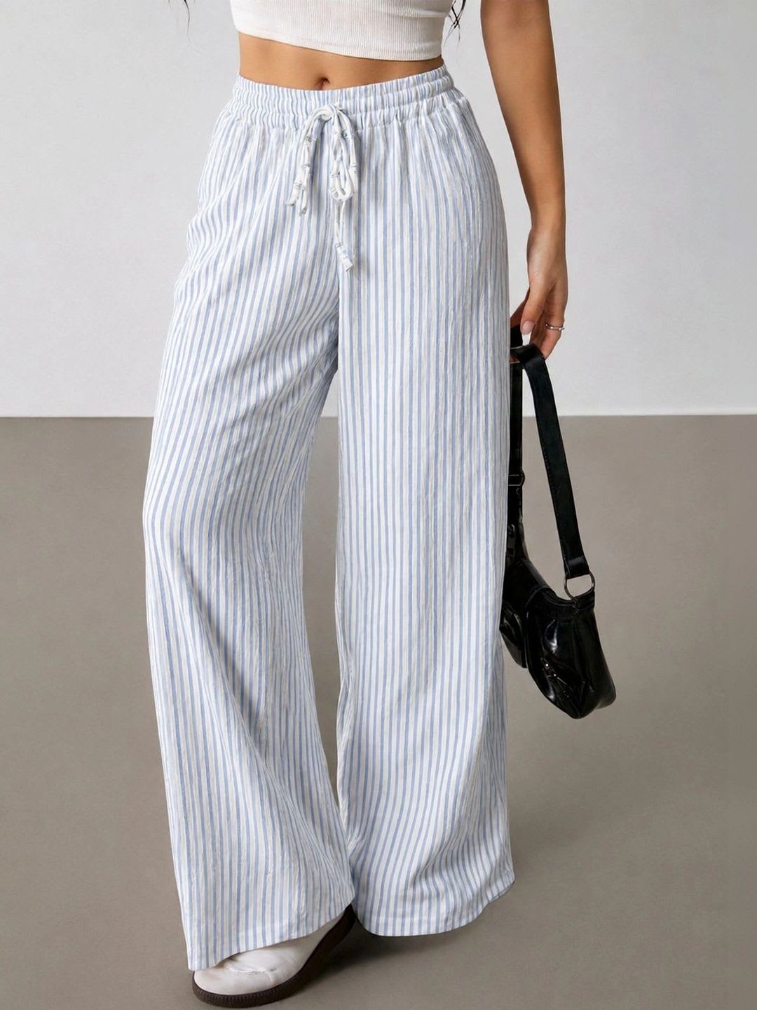 SAKHWALA Women Striped Relaxed Straight Leg Loose Fit High-Rise Wrinkle Free Trousers - default view