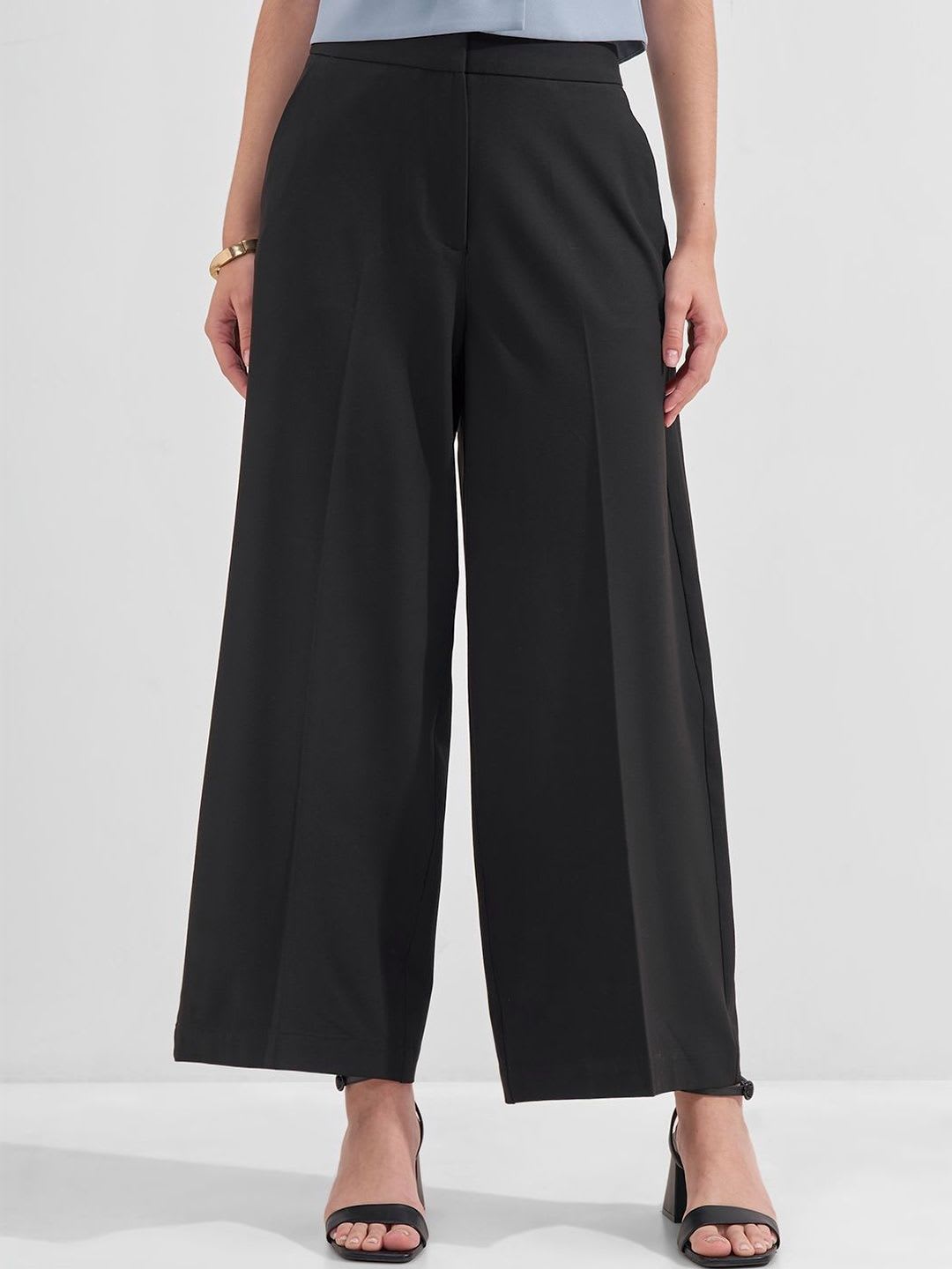 Tokyo Talkies Women Black Solid High Rise Relaxed Fit Trousers - default view