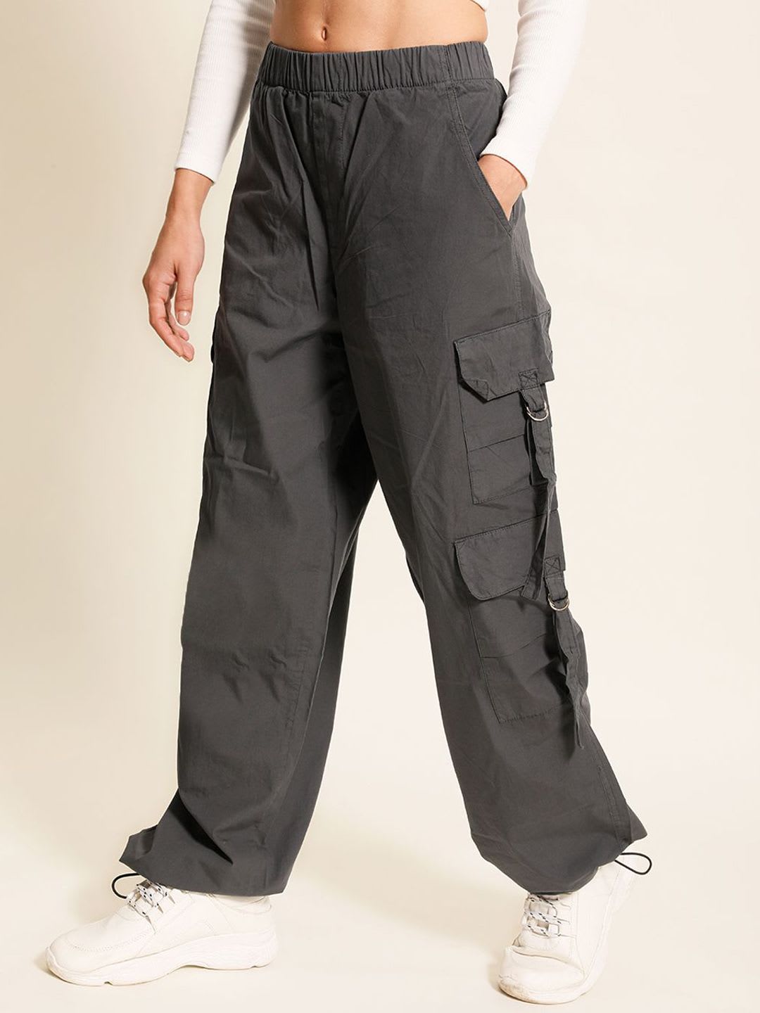 Roadster The Roadster Lifestyle Co. Women Grey High Rise Parachute Fit Pure Cotton Cargo Trouser - back view
