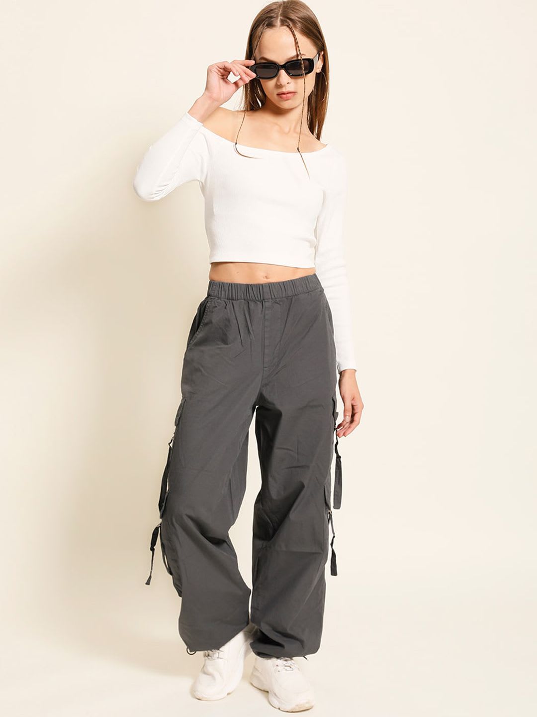 Roadster The Roadster Lifestyle Co. Women Grey High Rise Parachute Fit Pure Cotton Cargo Trouser - left view