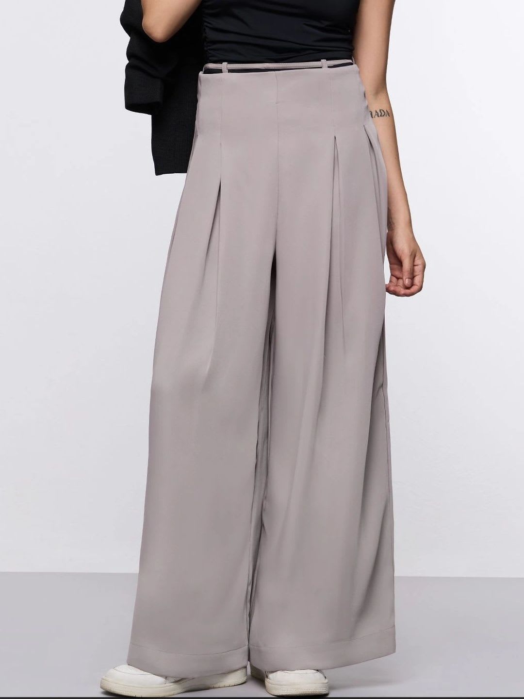 The Souled Store Womens Solid Grey Wide Pants - default view