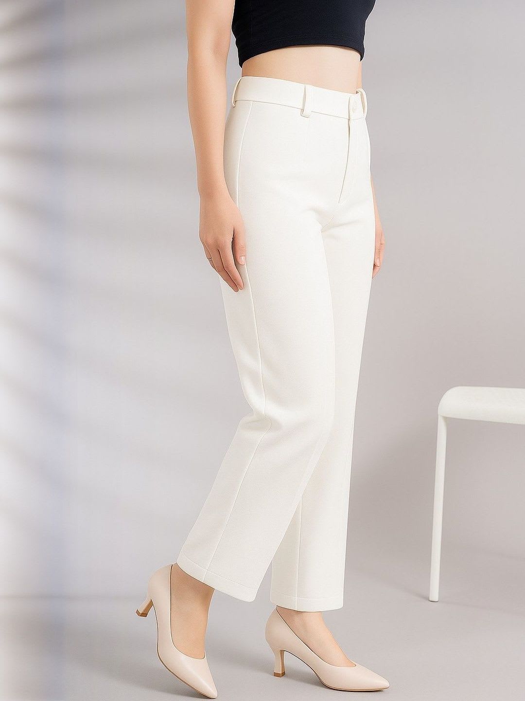 BAESD Women High-Rise Easy Wash Pleated Cotton Regular Fit Trousers - back view