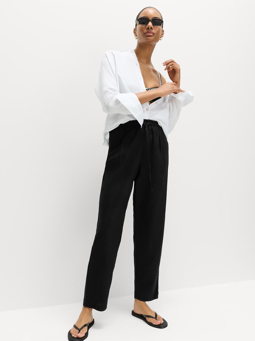 Marks & Spencer Linen Rich Elasticated Waist Tapered Trousers - default view