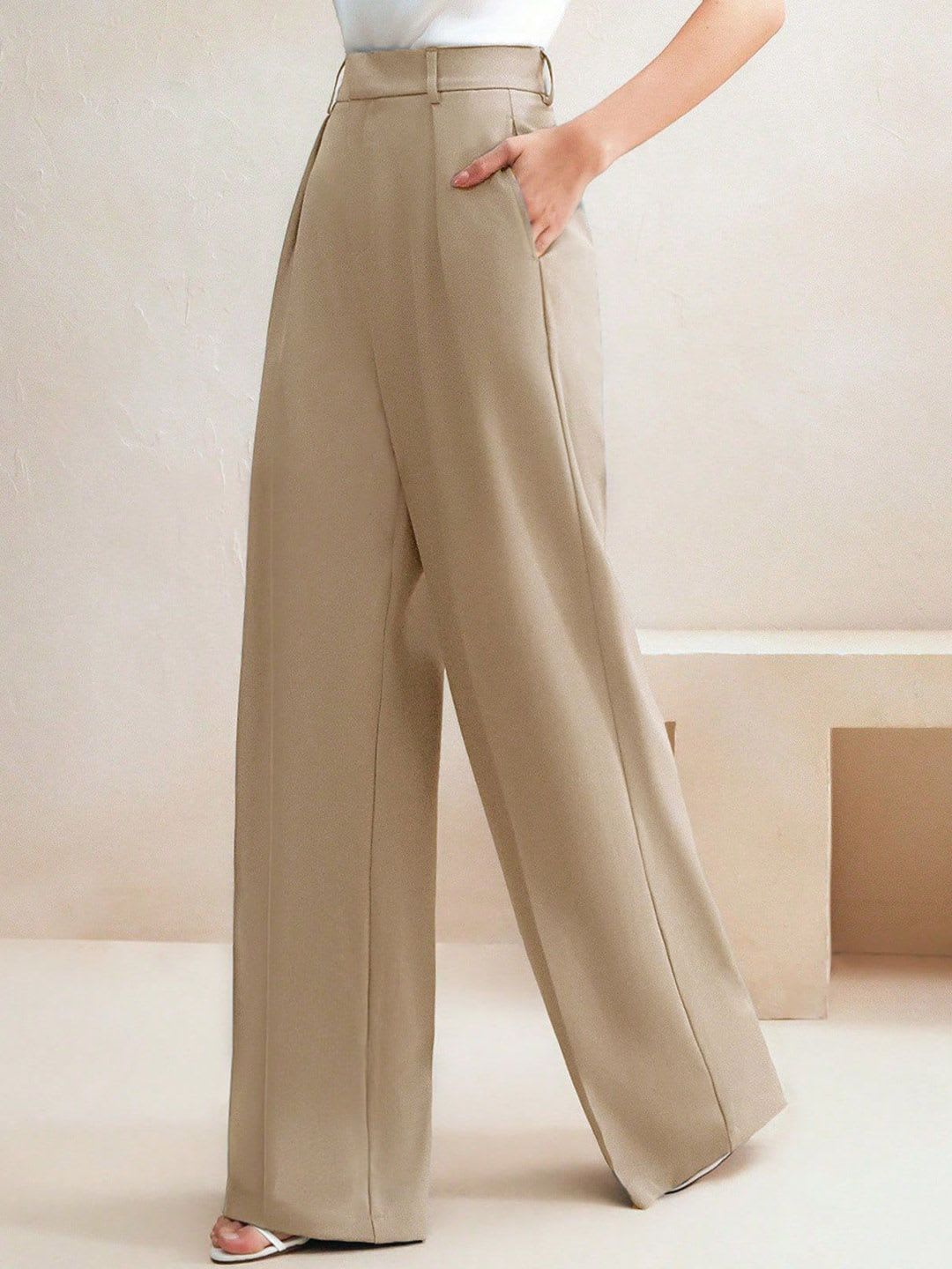 Kotty Women High-Rise Wide-Leg Pleated Korean Pants Trousers - back view