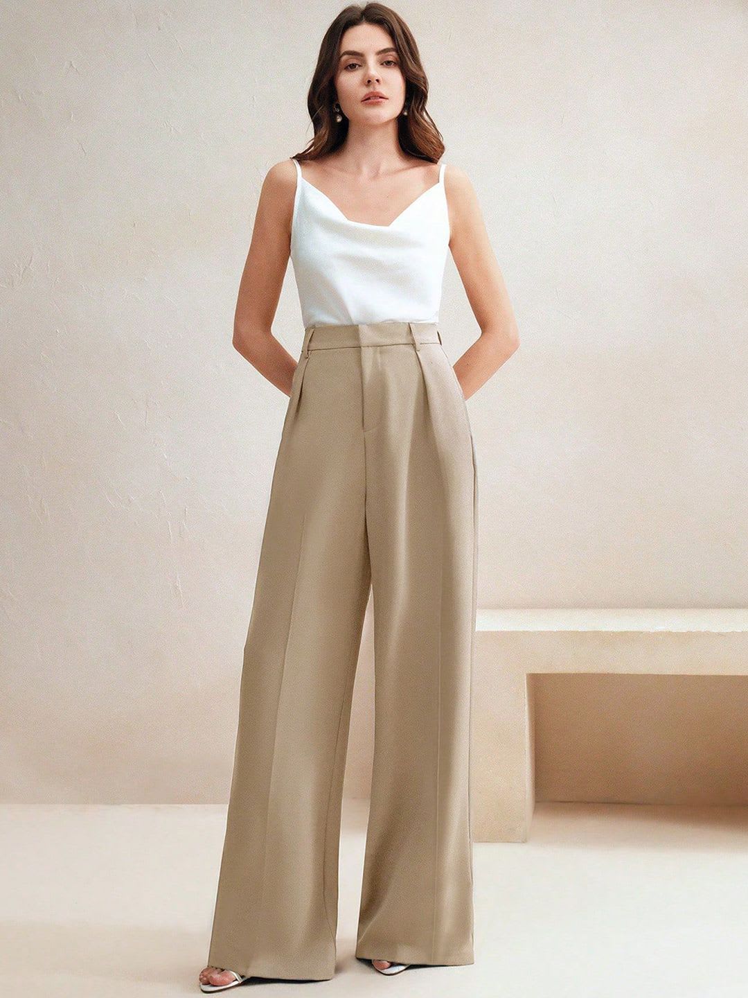 Kotty Women High-Rise Wide-Leg Pleated Korean Pants Trousers - left view