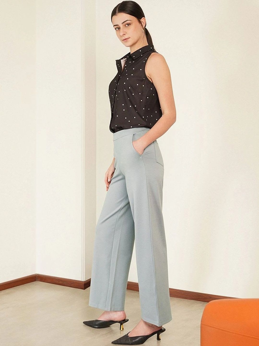 FABLE STREET Women Grey LivIn Wide Leg Formal Trousers - back view