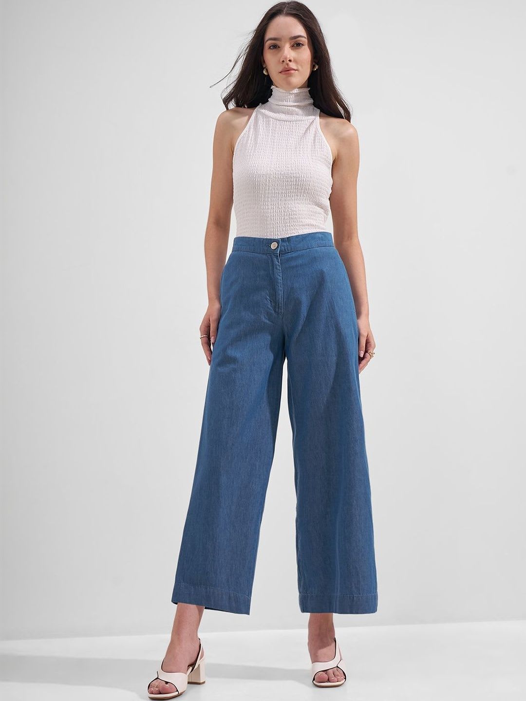 Tokyo Talkies Women Blue Mid Rise Wide Leg Cullotes Trousers - right view