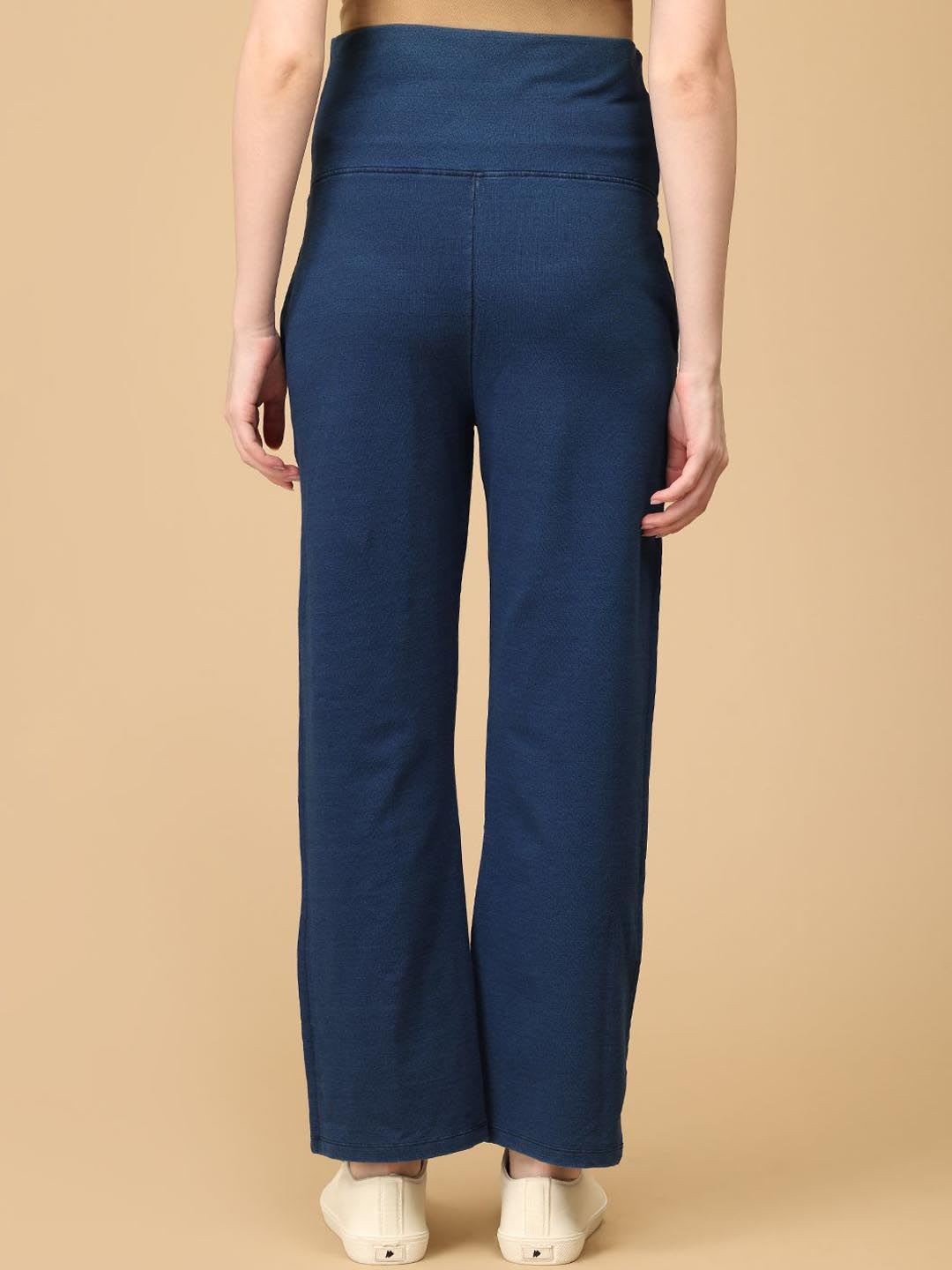 The Mom Store Women Blue High-Rise Maternity With Belly Support Flared Trousers - back view