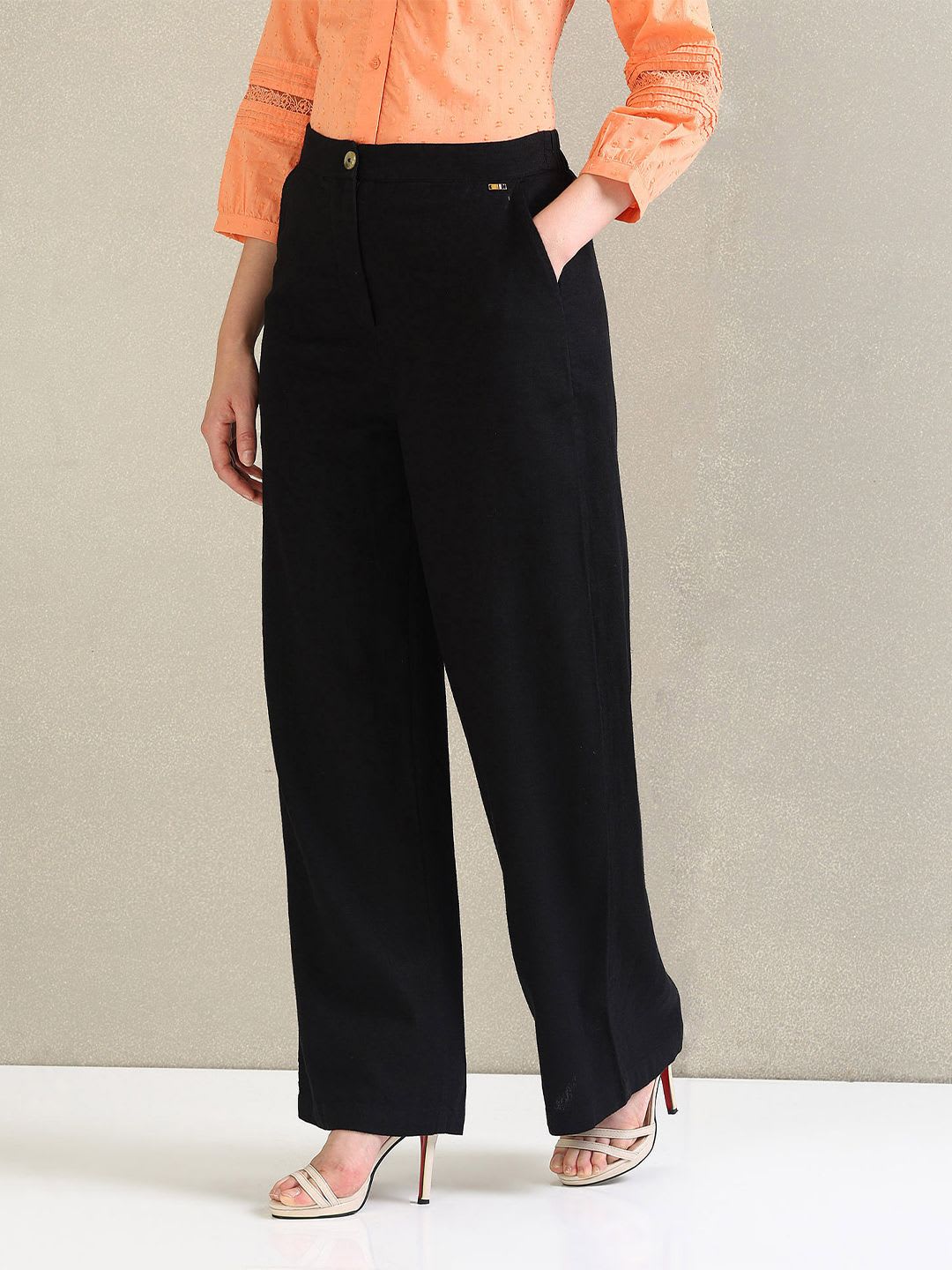 U.S. Polo Assn. Women Loose Fit Mid-Rise Plain Wide Leg Trousers - back view