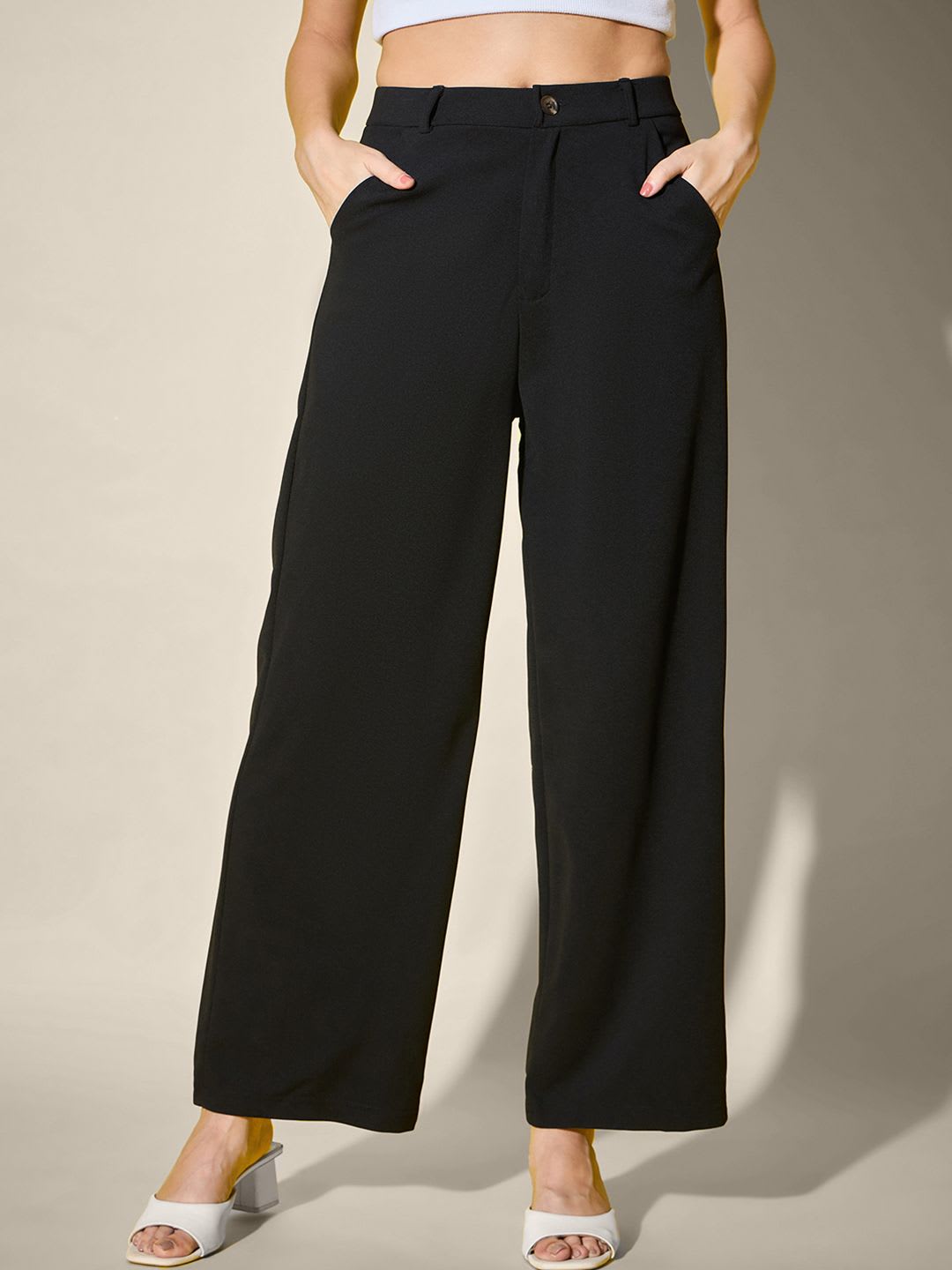 QIOA Women High-Rise Solid Wide Leg Trousers - default view