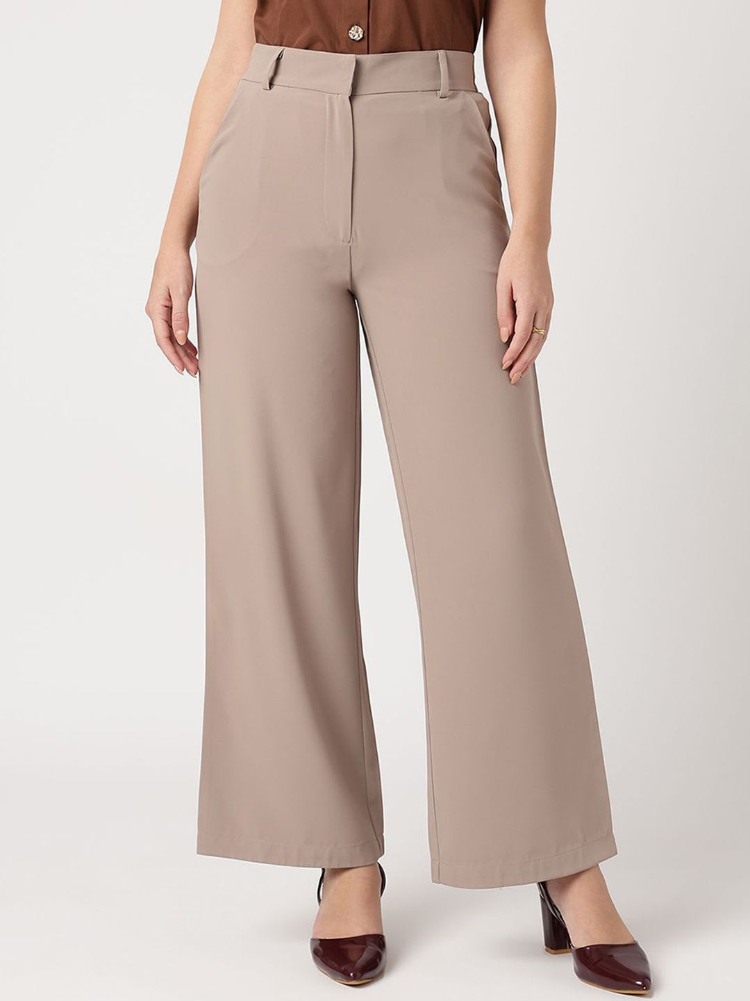 Strong And Brave Women Smart Wide Leg Mid-Rise Easy Wash Formal Trousers - default view