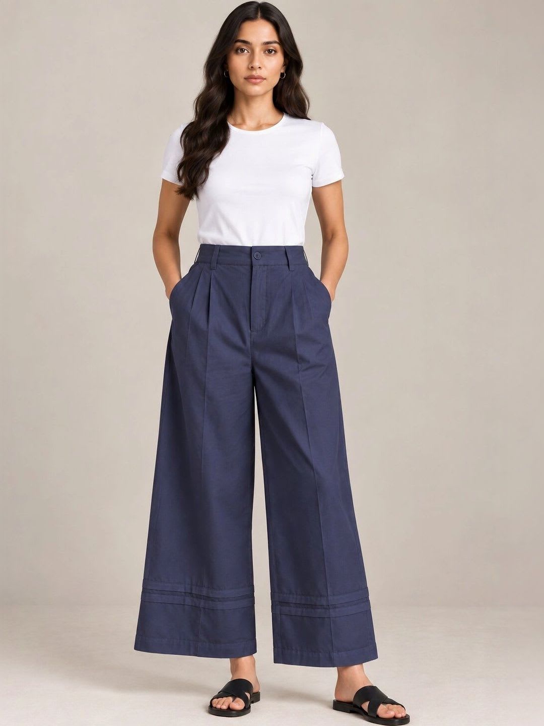 Nyaro Women Pure Cotton High Waist Wide Leg Poplin Trousers - default view
