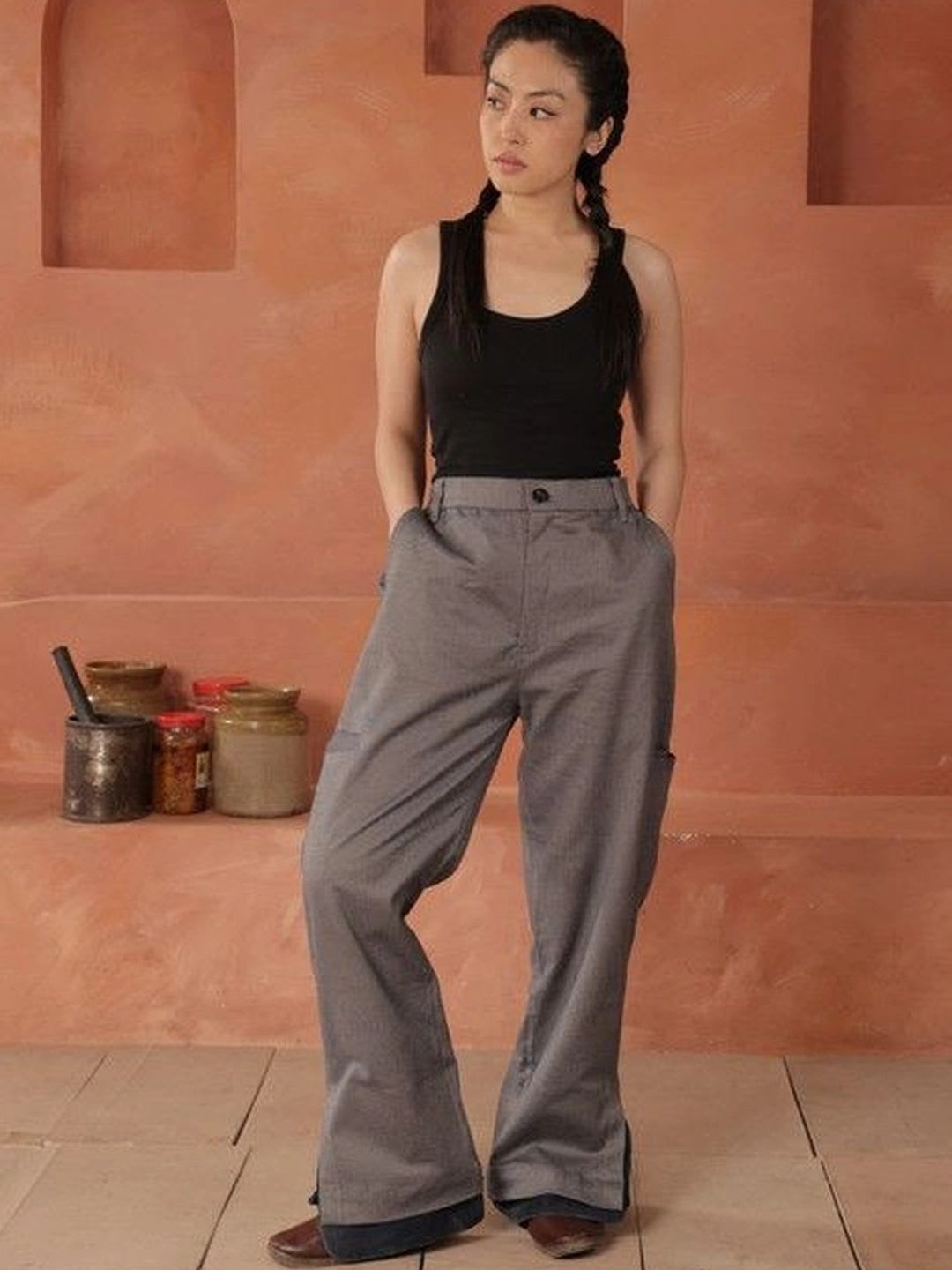 becaus. Women Embroidered Straight Fit Corduroy Trousers - default view