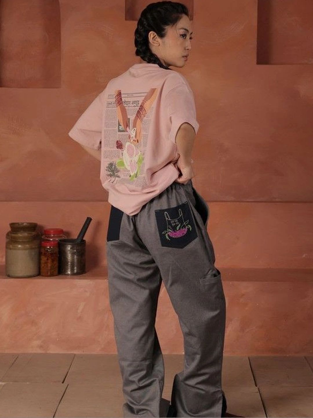 becaus. Women Embroidered Straight Fit Corduroy Trousers - back view