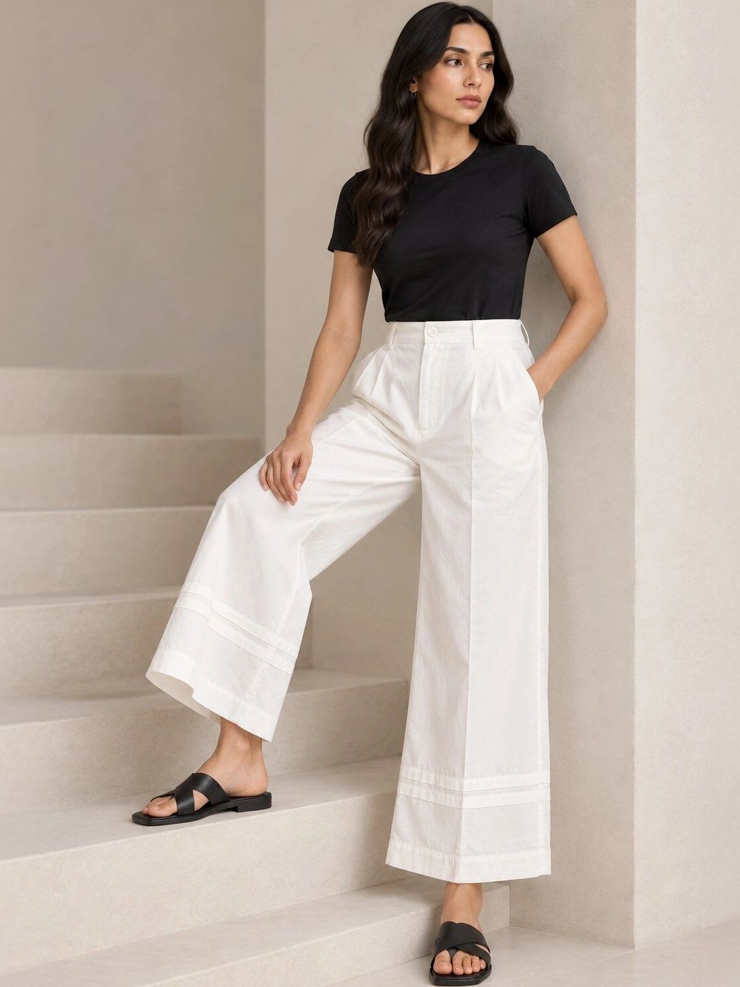 Nyaro Women Pure Cotton High Waist Wide Leg Poplin Trousers - right view