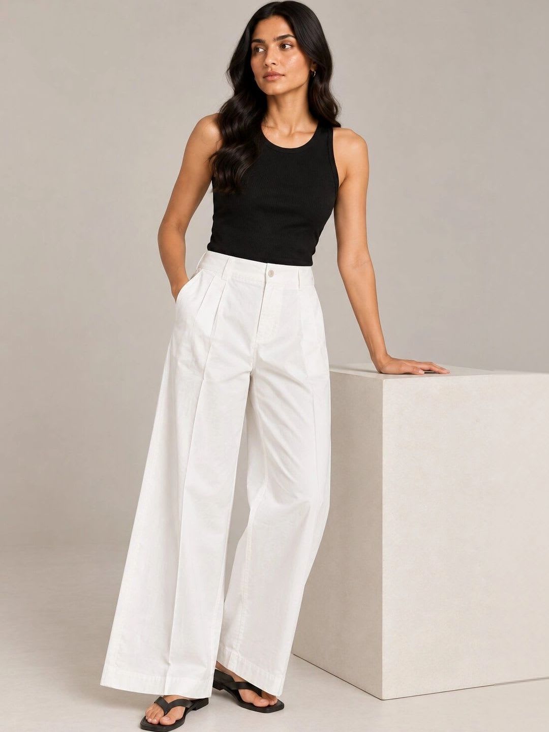 Nyaro Women Pure Cotton High Waist Wide Leg Poplin Trousers - left view