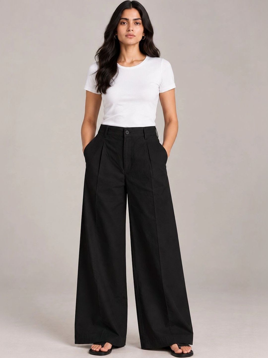 Nyaro Women Pure Cotton High Waist Wide Leg Poplin Trousers - default view
