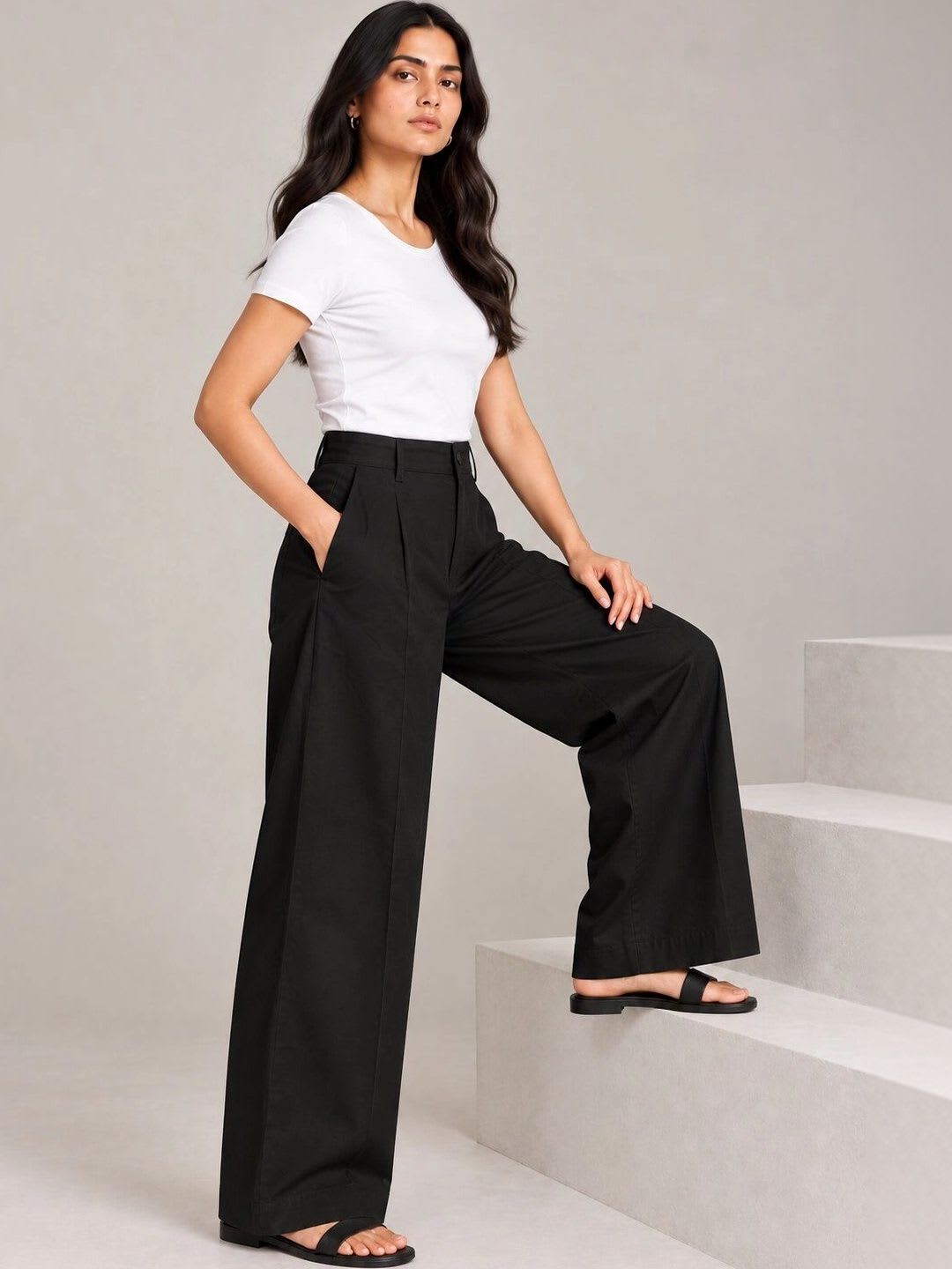 Nyaro Women Pure Cotton High Waist Wide Leg Poplin Trousers - back view