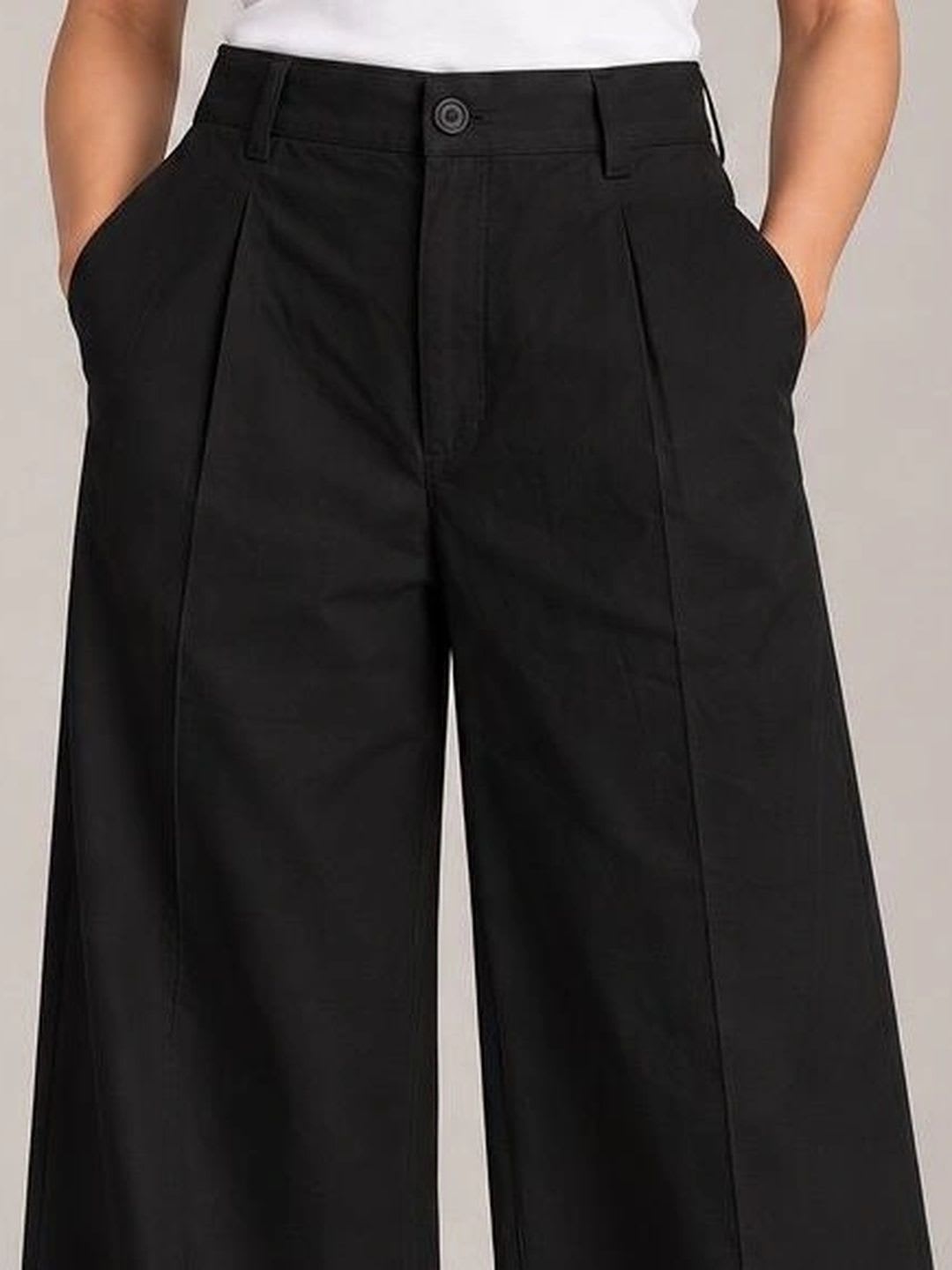 Nyaro Women Pure Cotton High Waist Wide Leg Poplin Trousers - left view
