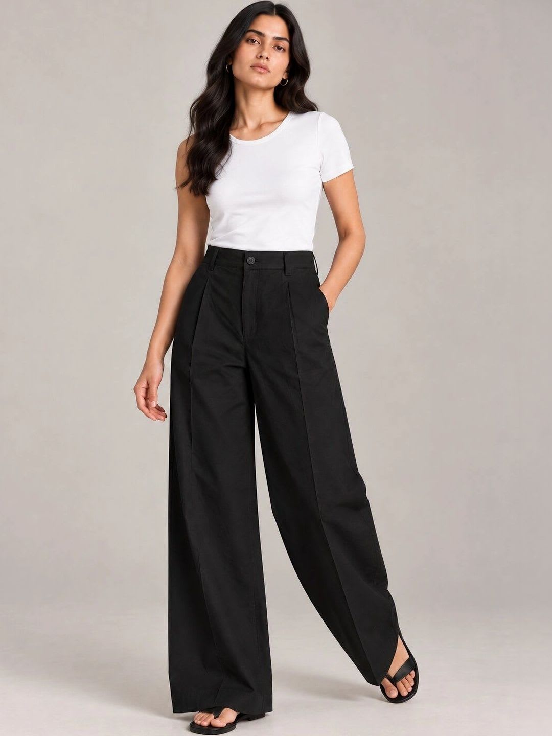Nyaro Women Pure Cotton High Waist Wide Leg Poplin Trousers - right view