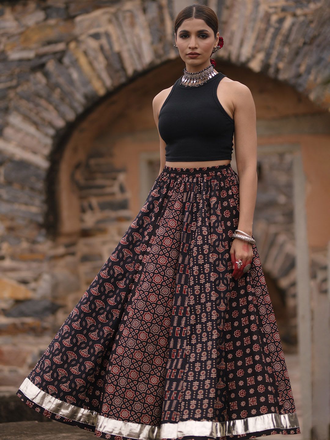 Anayna Women Printed A-Line Flared Cotton Maxi Skirt - default view