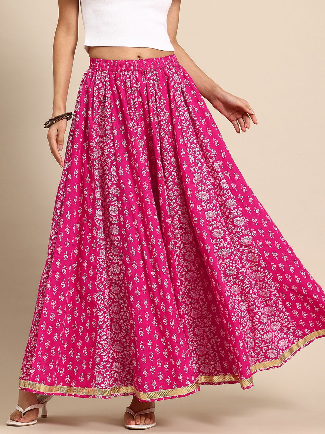 anayna Floral Printed Pure Cotton Flared Maxi Skirt - default view