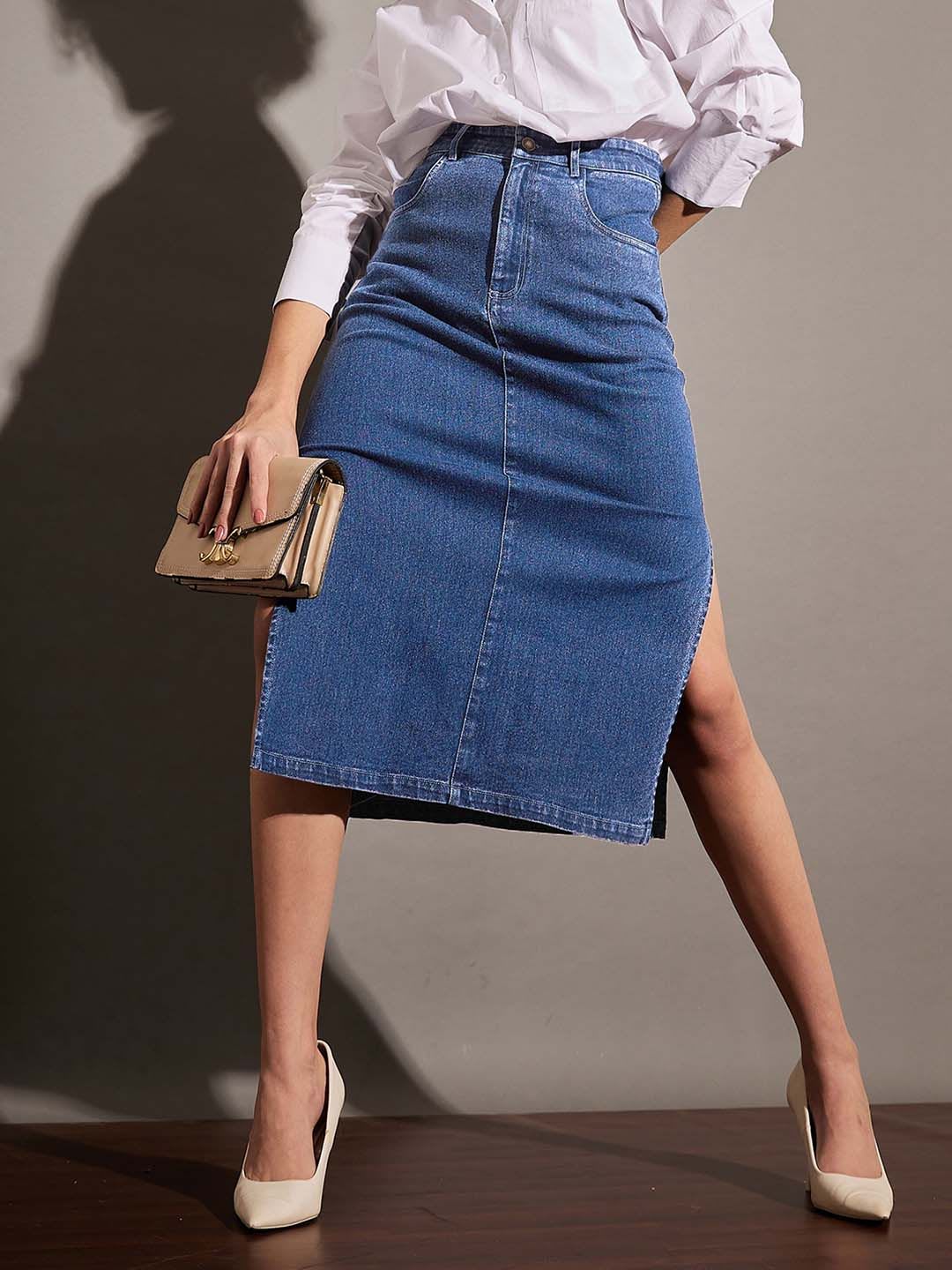 SASSAFRAS Blue Side Slit A-Line Midi Skirt - default view