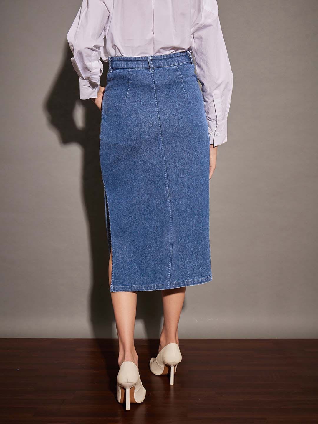 SASSAFRAS Blue Side Slit A-Line Midi Skirt - back view