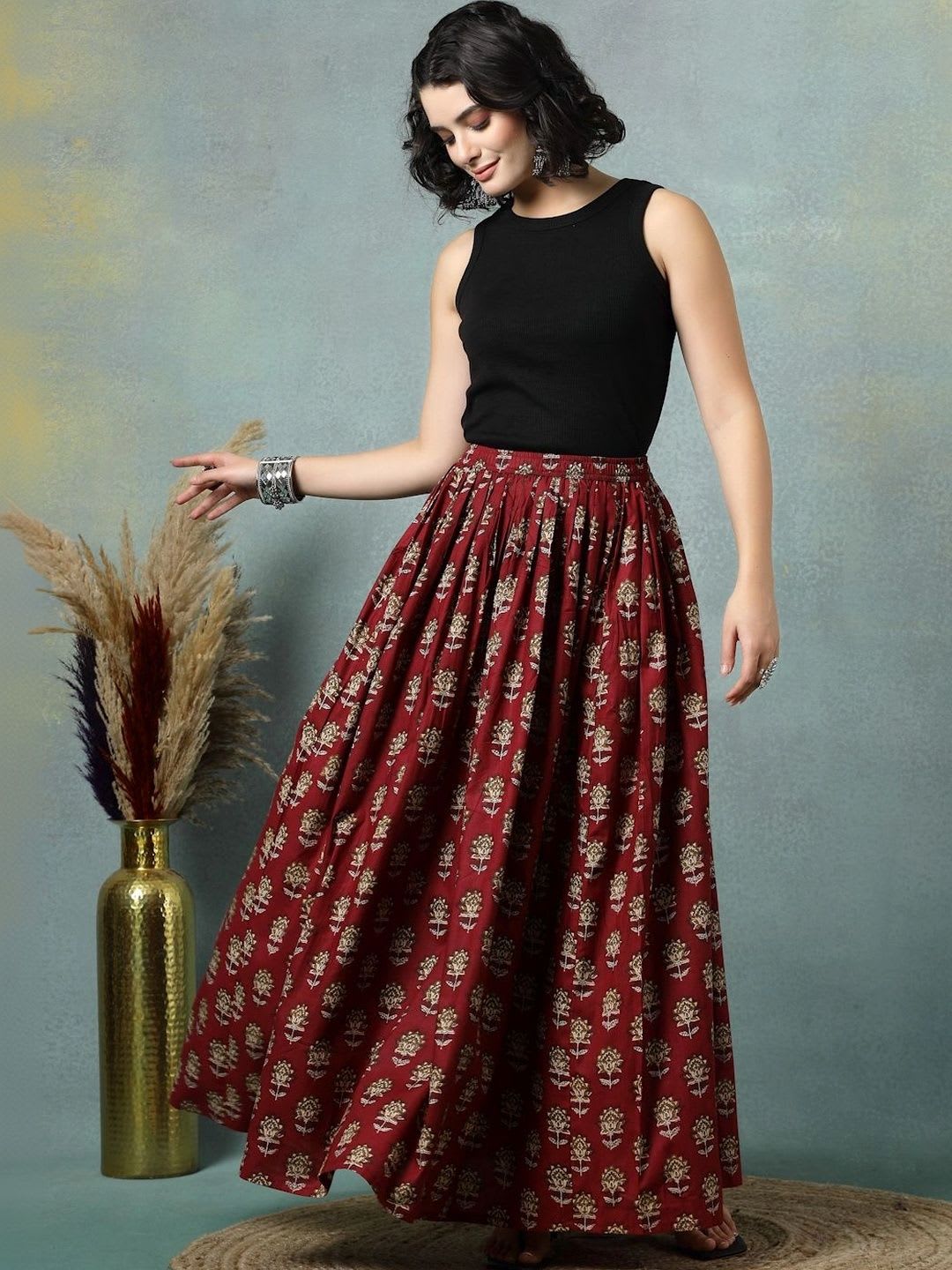 HERE&NOW Women Pure Cotton Blend Cotton Cambric Floral Maxi Flared Skirt - default view