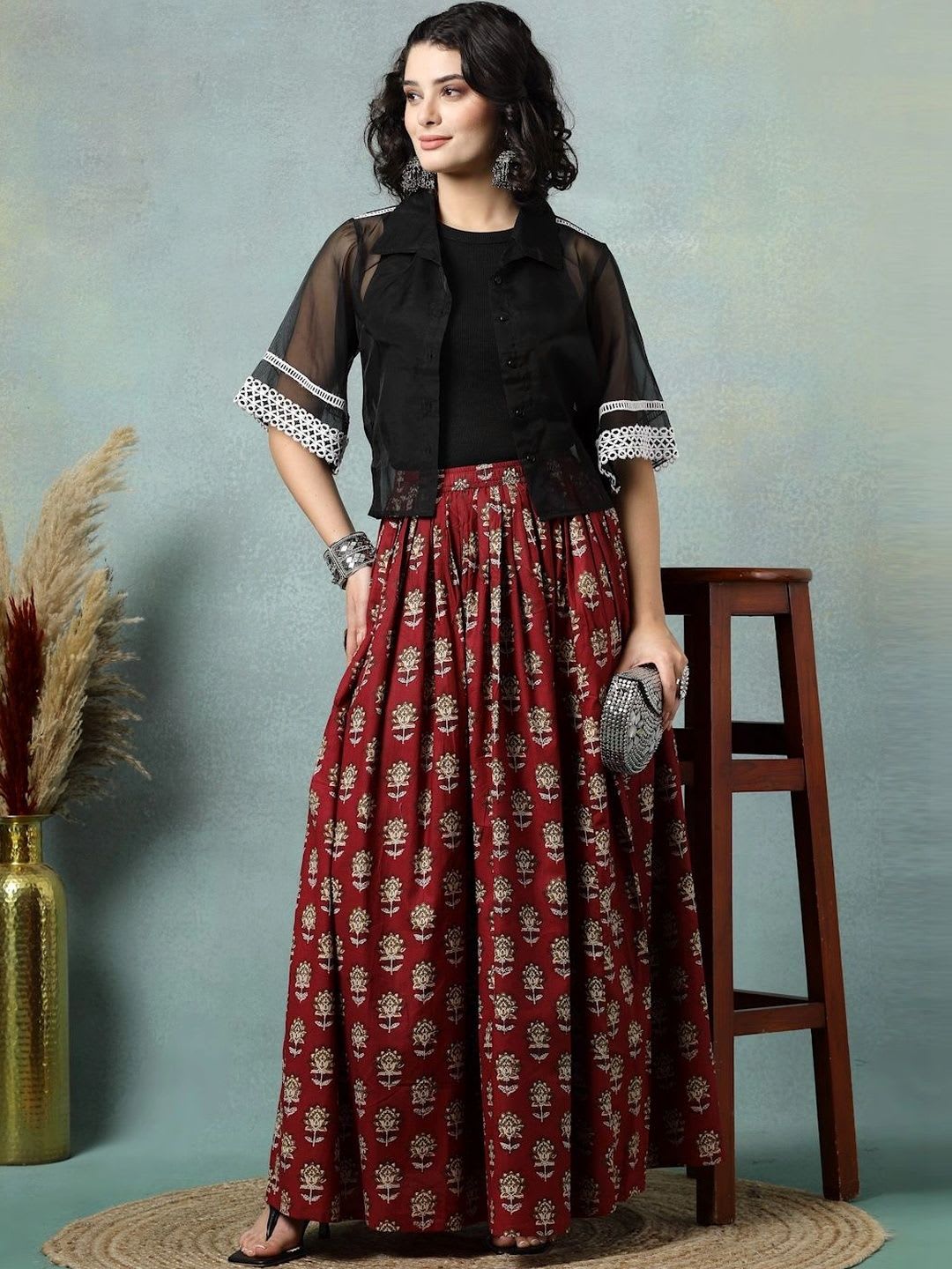 HERE&NOW Women Pure Cotton Blend Cotton Cambric Floral Maxi Flared Skirt - back view