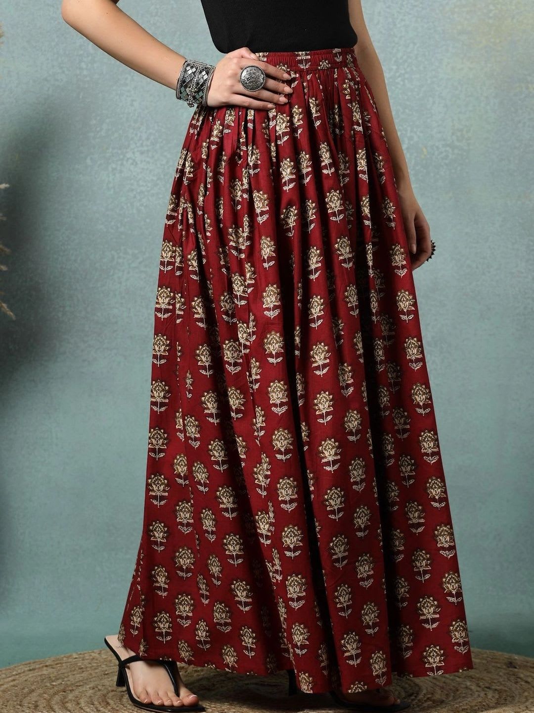 HERE&NOW Women Pure Cotton Blend Cotton Cambric Floral Maxi Flared Skirt - left view