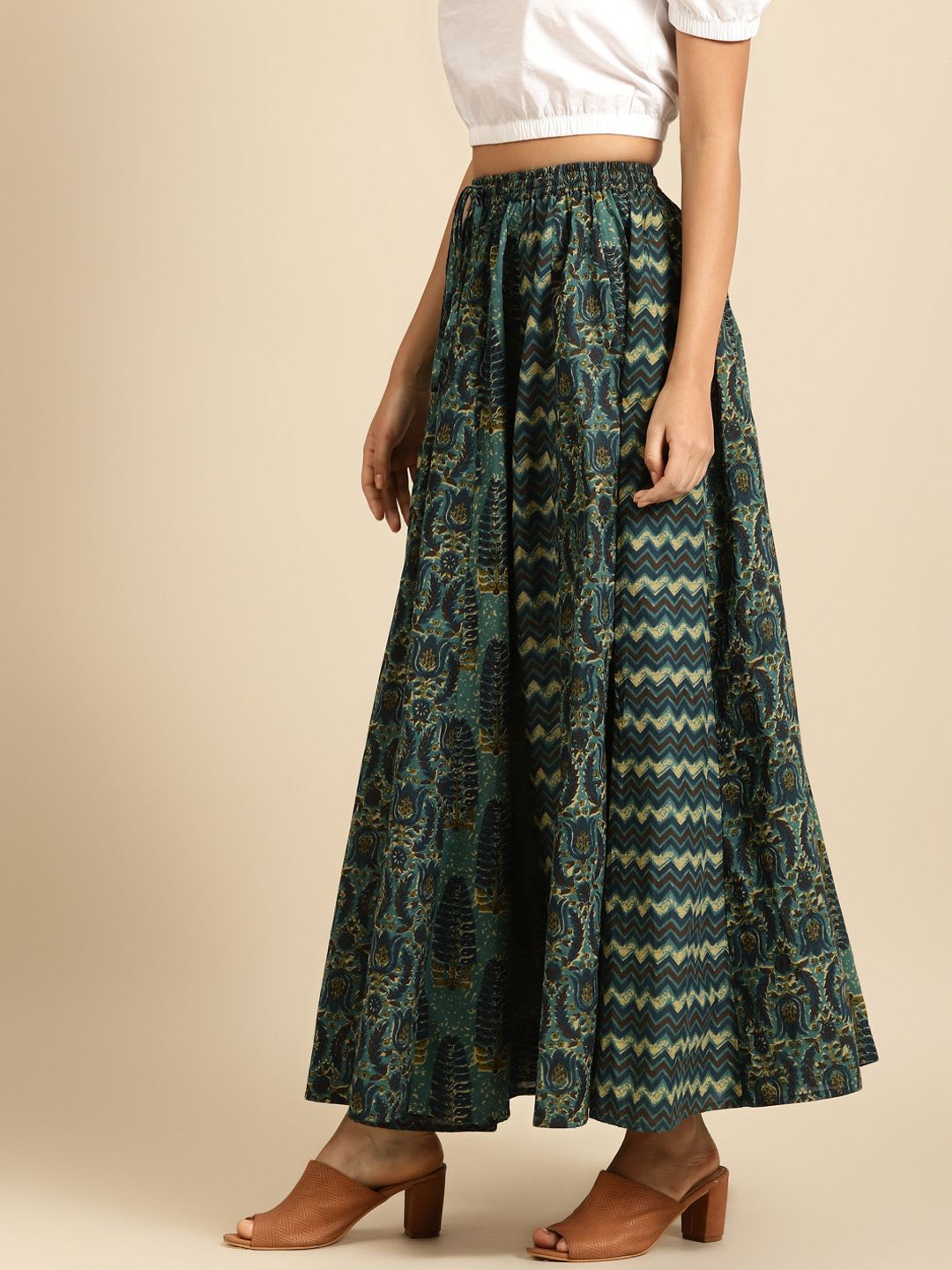 anayna Green & Beige Printed Pure Cotton Maxi Flared Skirt - back view