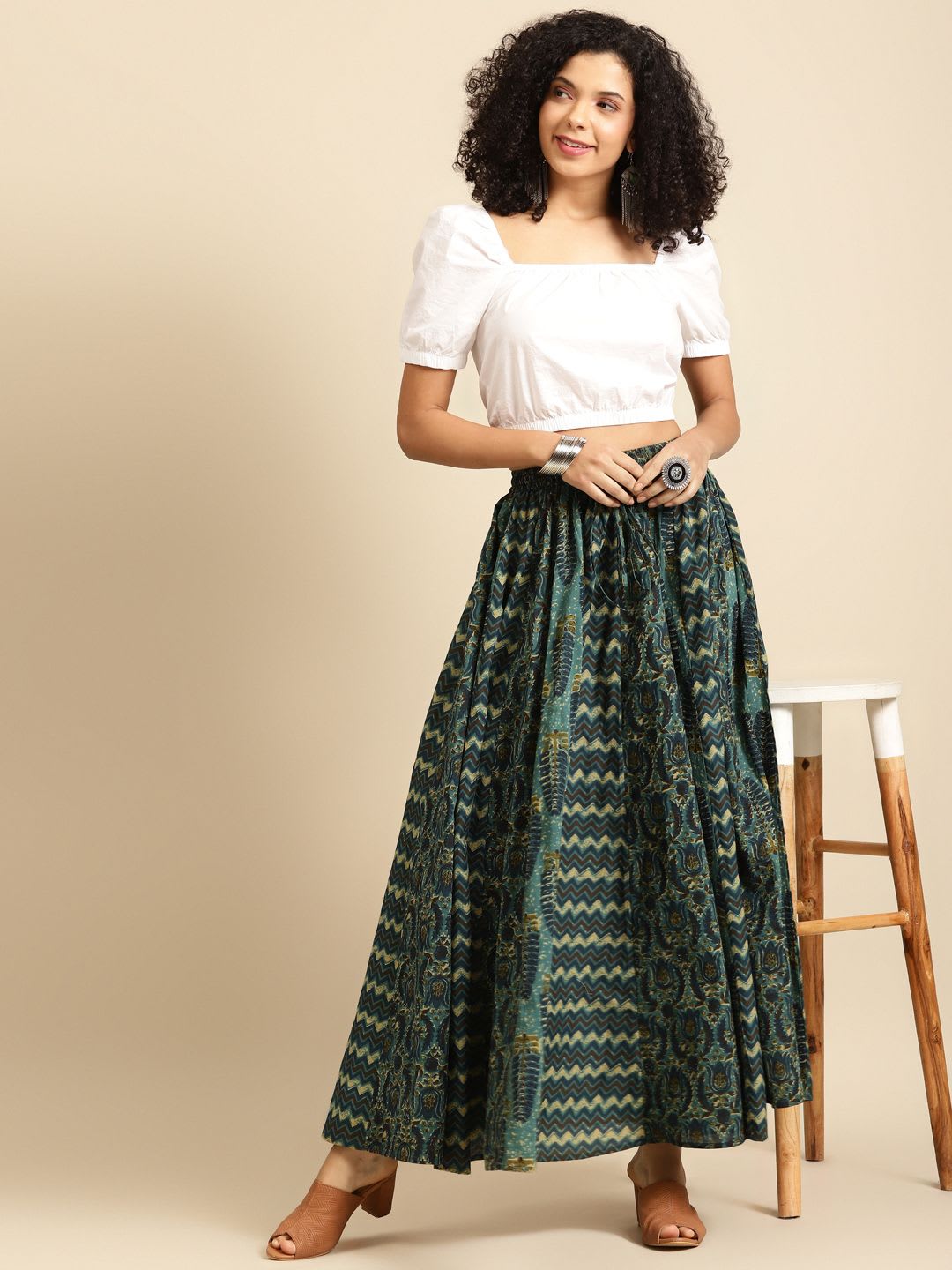 anayna Green & Beige Printed Pure Cotton Maxi Flared Skirt - left view