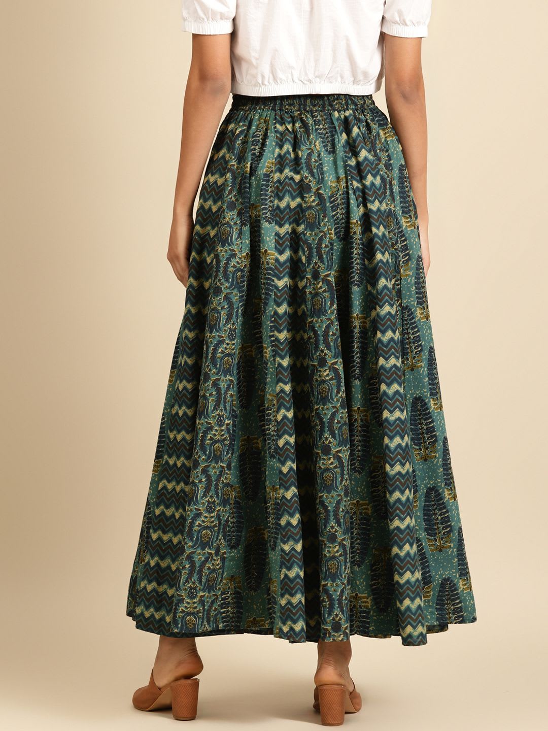 anayna Green & Beige Printed Pure Cotton Maxi Flared Skirt - right view