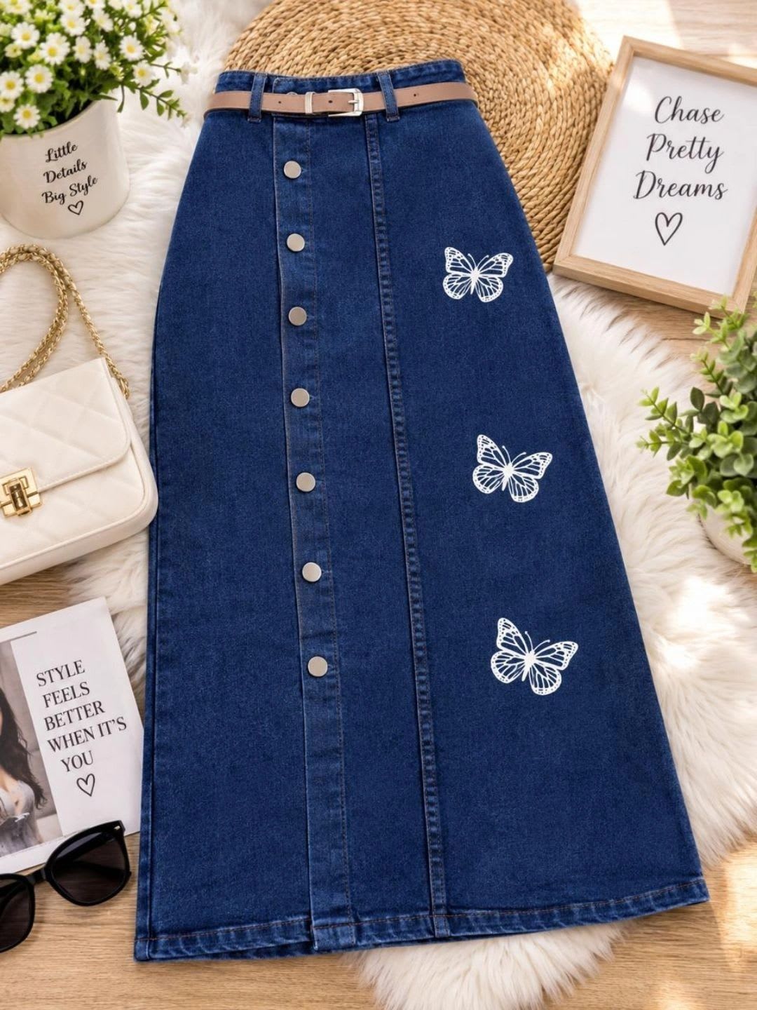 BUCCLY Women Denim Animal Animal Graphic Midi A-Line Skirt - back view