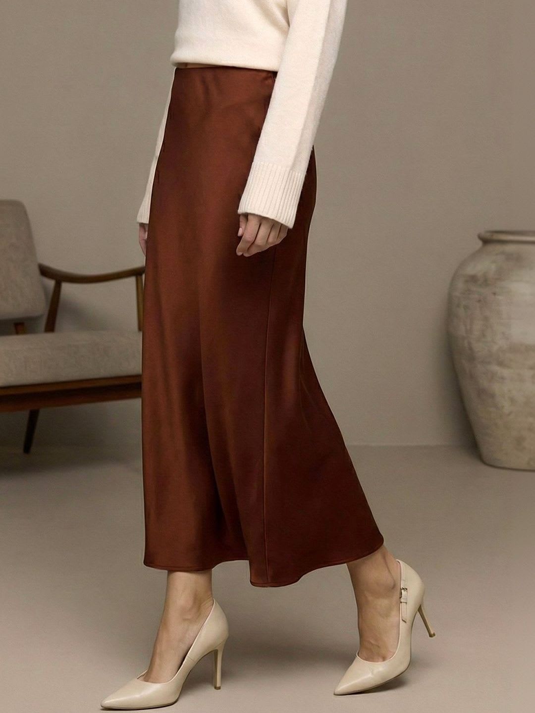 ADDYVERO Women Satin Midi A-Line Skirt - back view