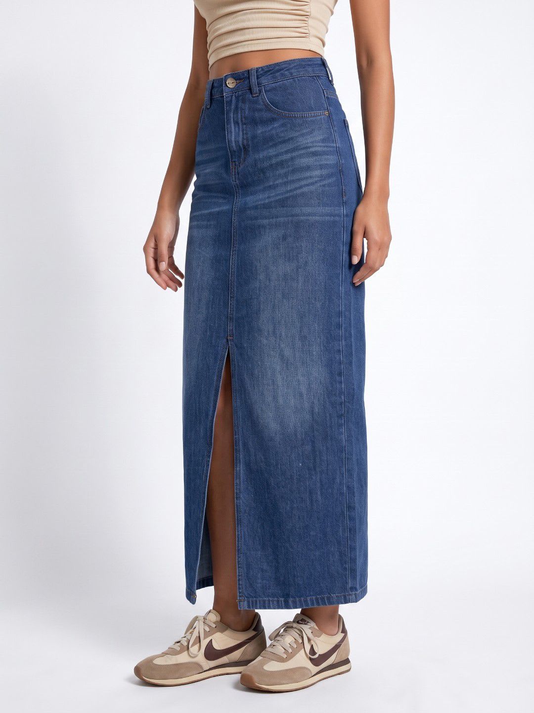 glitchez Women Front Slit Denim Maxi Straight Skirt - default view