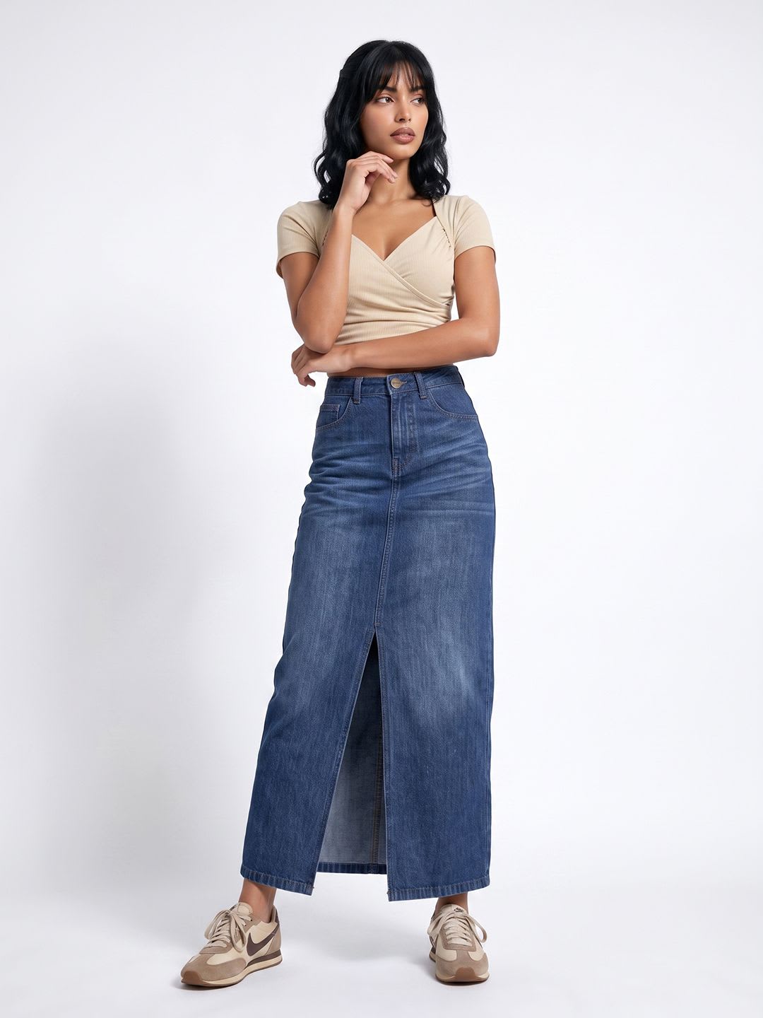 glitchez Women Front Slit Denim Maxi Straight Skirt - back view