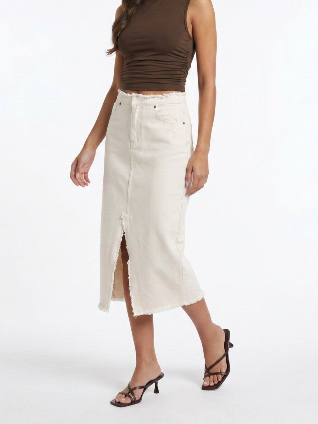 glitchez Women Pure Cotton Front Slit Midi Straight Skirt - default view