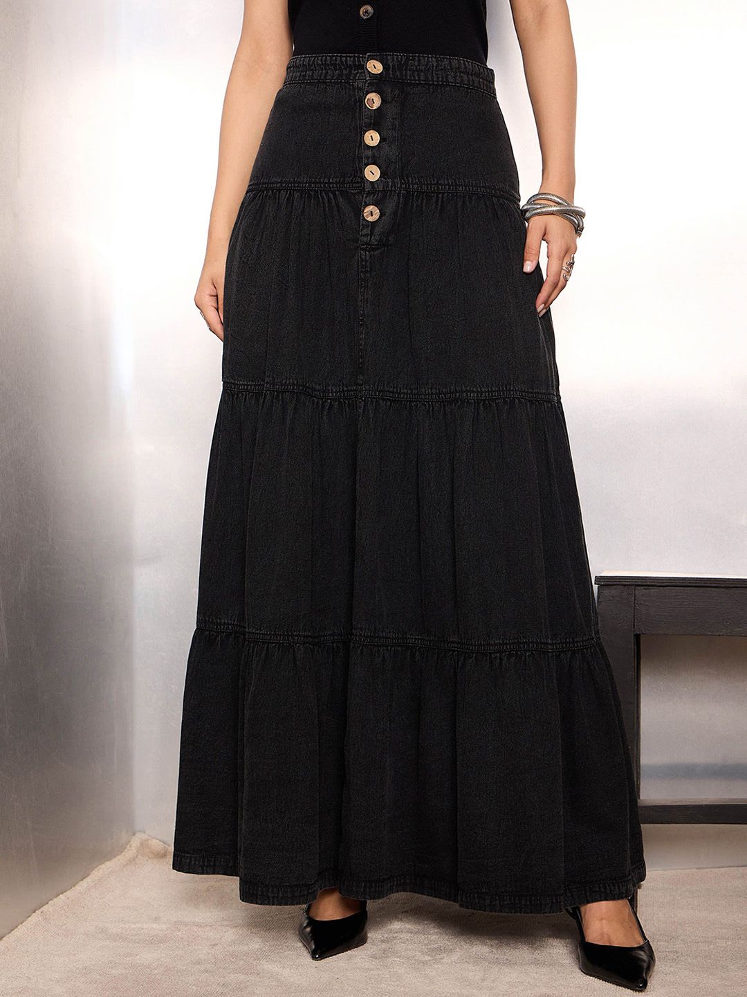 SASSAFRAS Women Denim Flared Maxi Skirts - default view